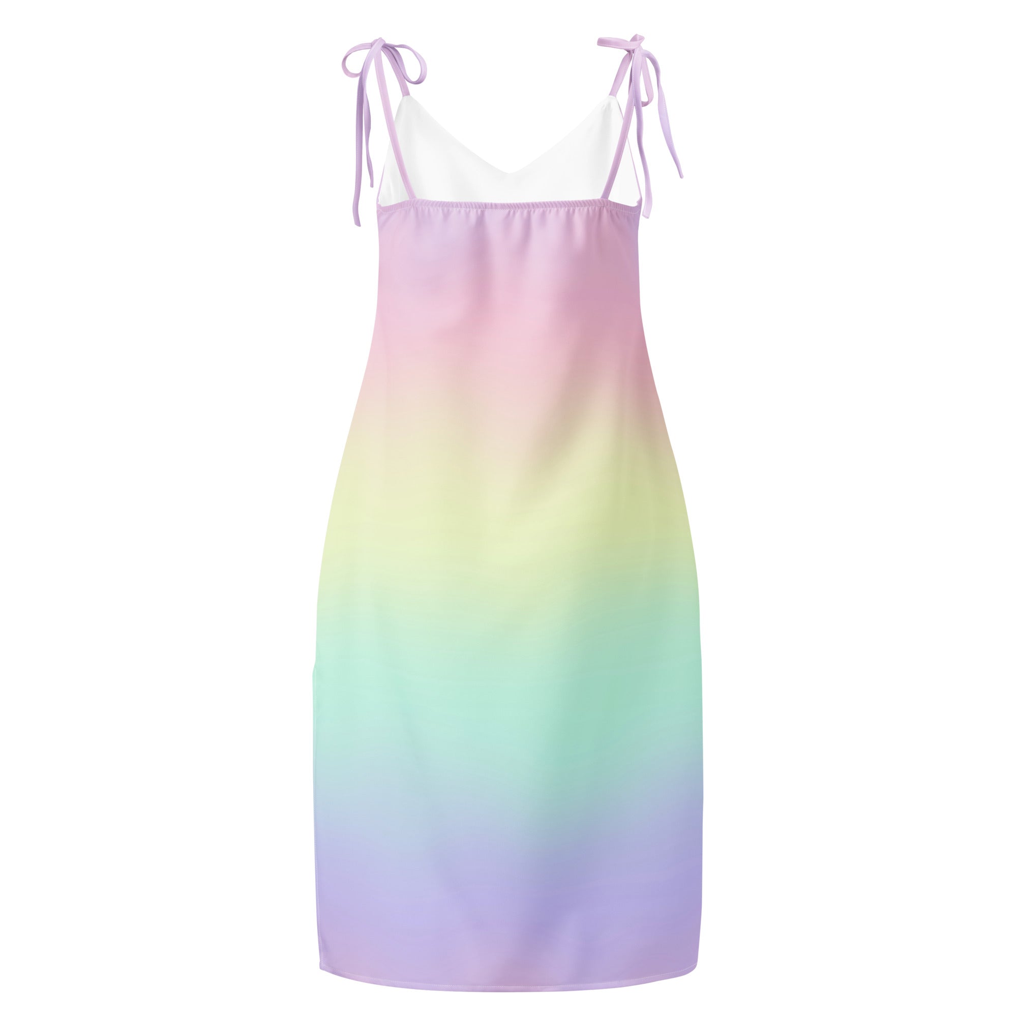 Women’s pastel rainbow gradient slip midi dress with adjustable tie-back spaghetti straps shown from the back