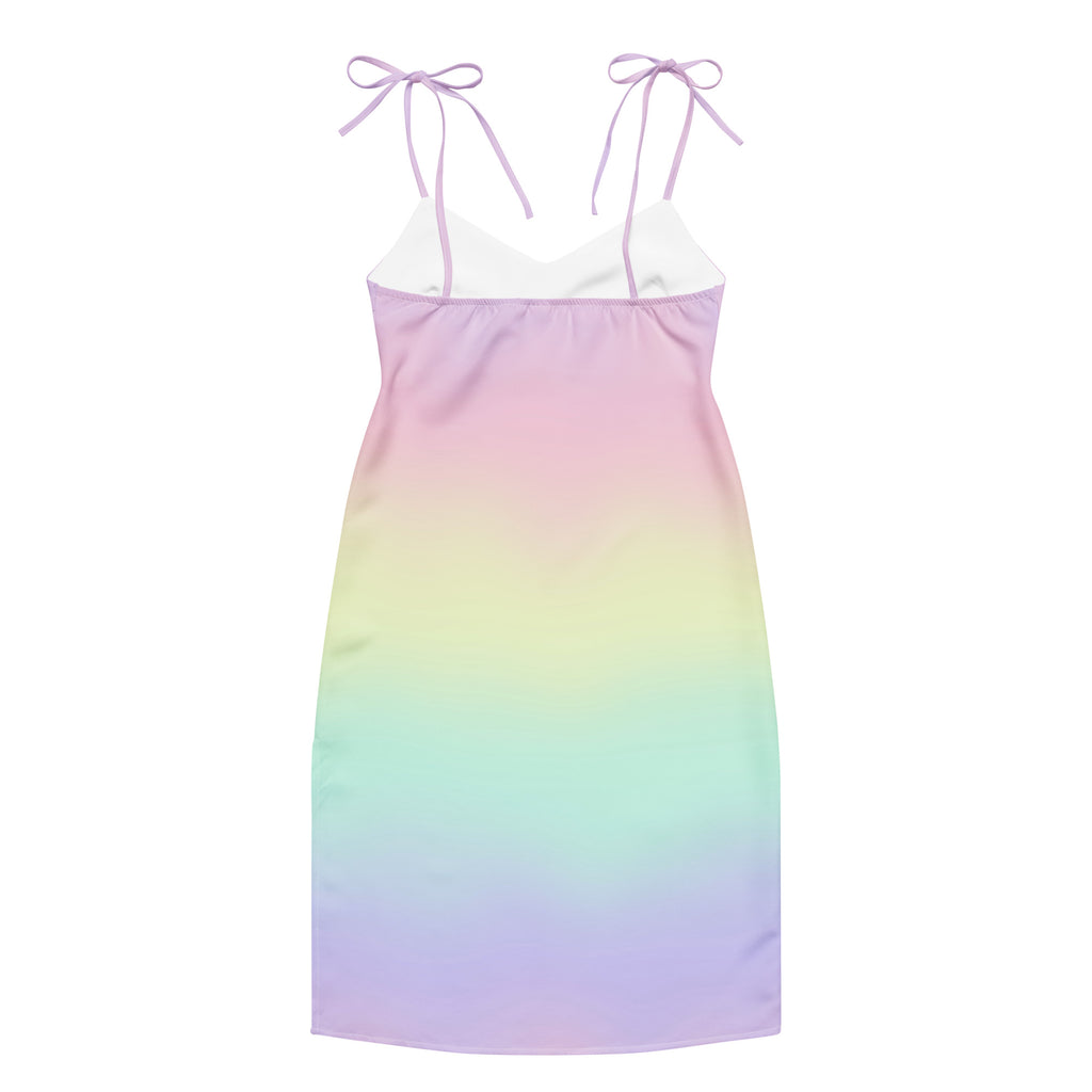 Women’s pastel rainbow slip dress midi dress with adjustable tie straps and built in bra in a soft gradient fabric