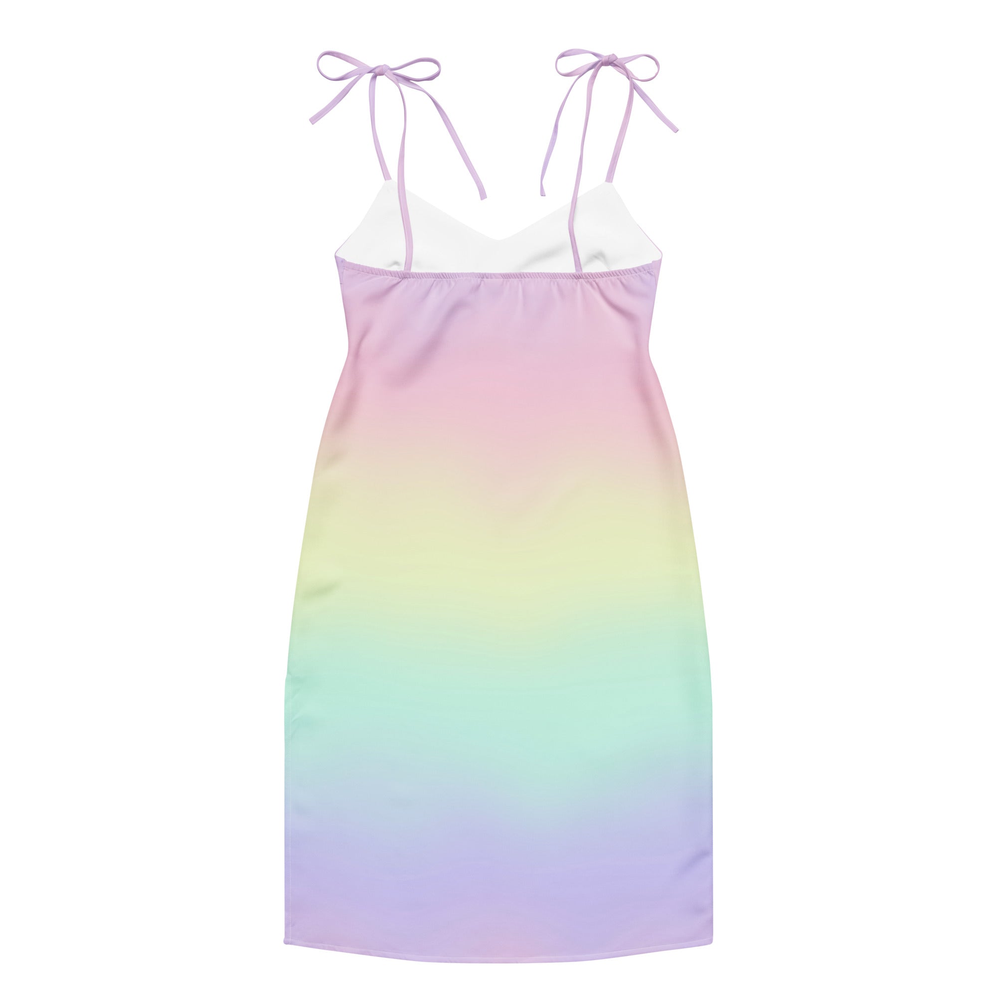 Women’s pastel rainbow slip dress midi dress with adjustable tie straps and built in bra in a soft gradient fabric