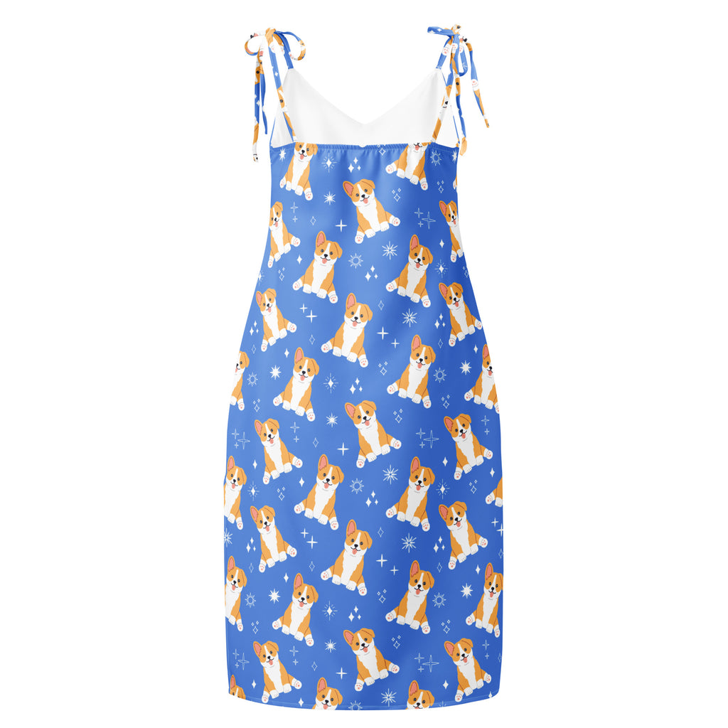 Women’s blue corgi dog slip dress midi with adjustable tie straps and cartoon dog pattern on vibrant blue fabric