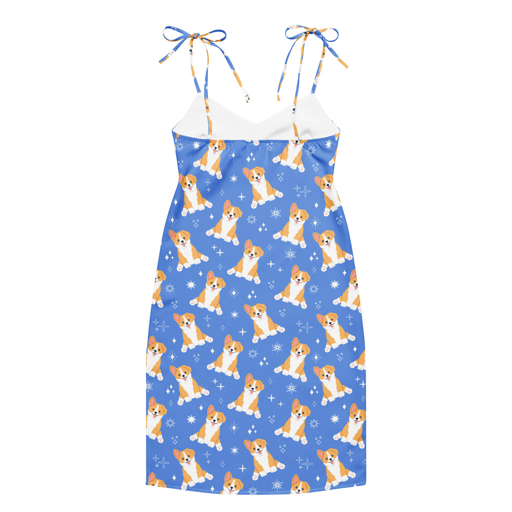 Women’s blue corgi dog slip dress with white trim midi length adjustable tie-back straps shown from the back