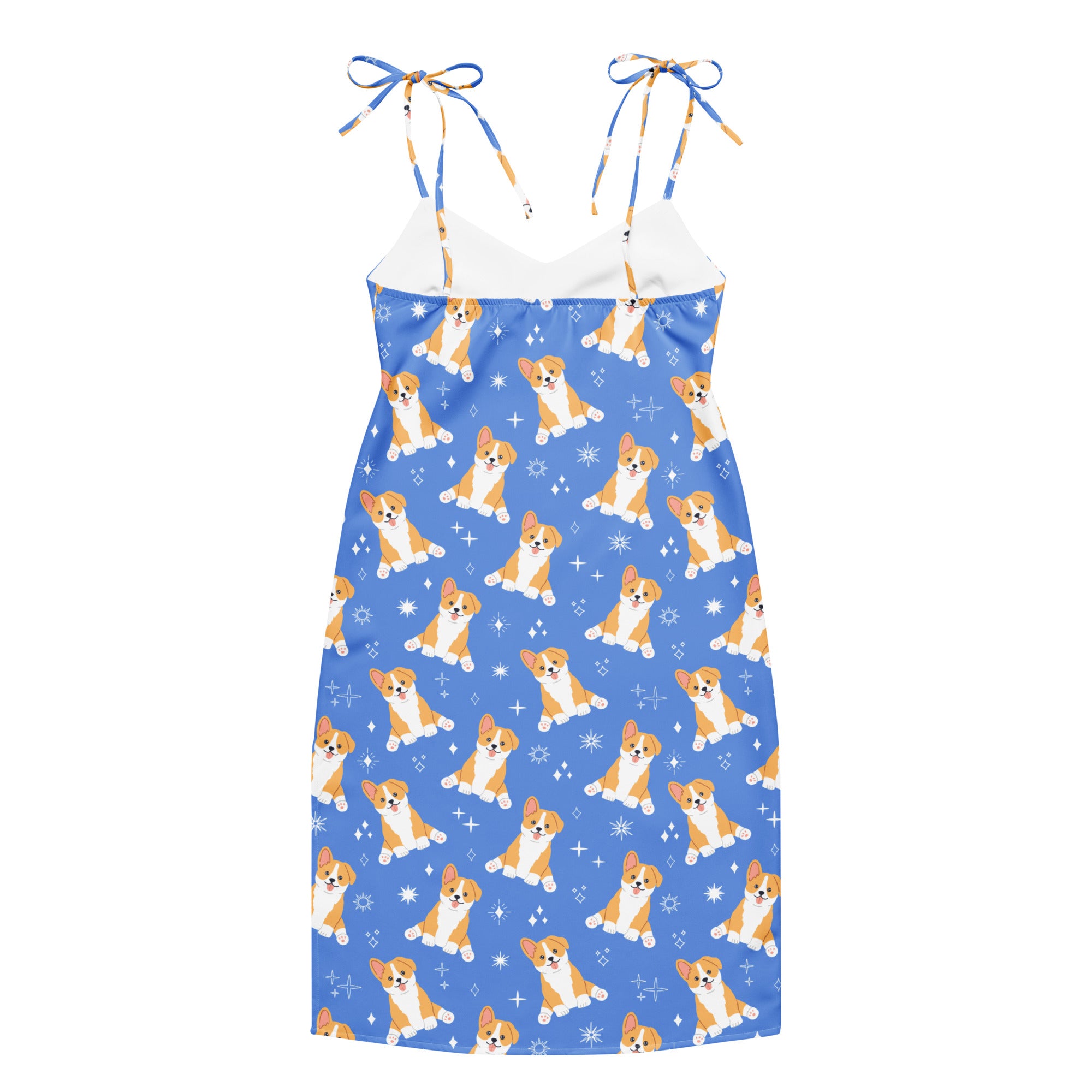 Women’s blue corgi dog slip dress with white trim midi length adjustable tie-back straps shown from the back