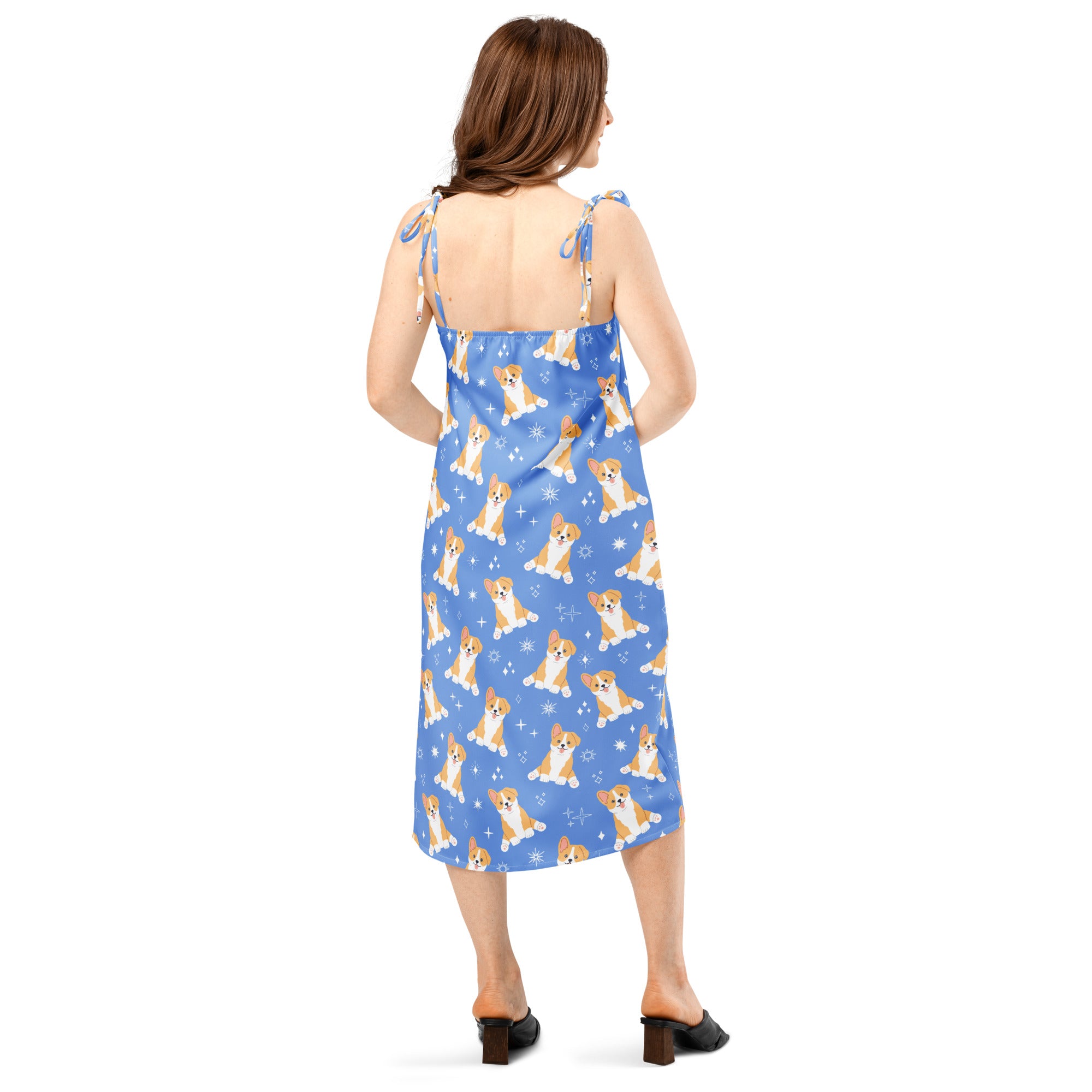 Women’s blue corgi dog slip dress midi with adjustable tie-back straps and playful tan and white corgi snowflake pattern