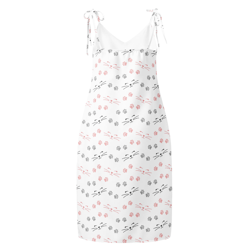 White spaghetti strap slip dress with pink and gray cat face pattern paw prints and built in bra midi length
