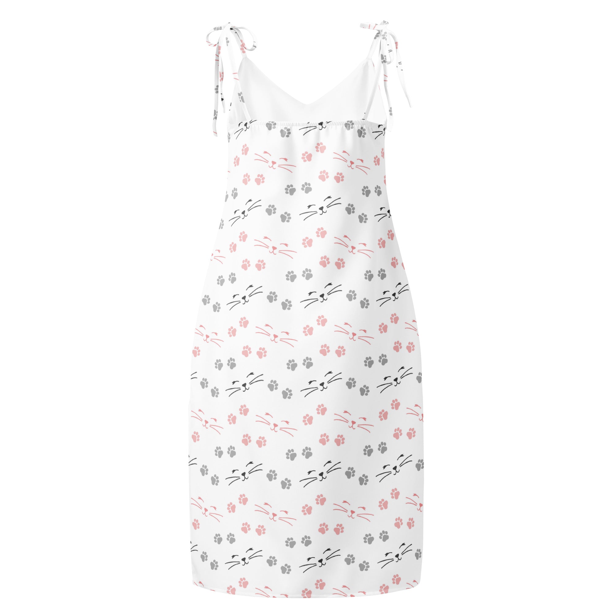 White spaghetti strap slip dress with pink and gray cat face pattern paw prints and built in bra midi length