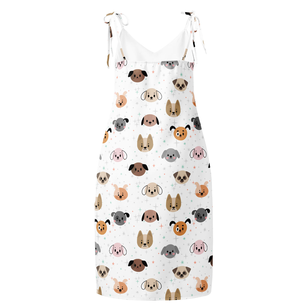 Women’s white sleeveless dog face slip dress midi with adjustable tie straps and built in bra featuring colorful cartoon dogs