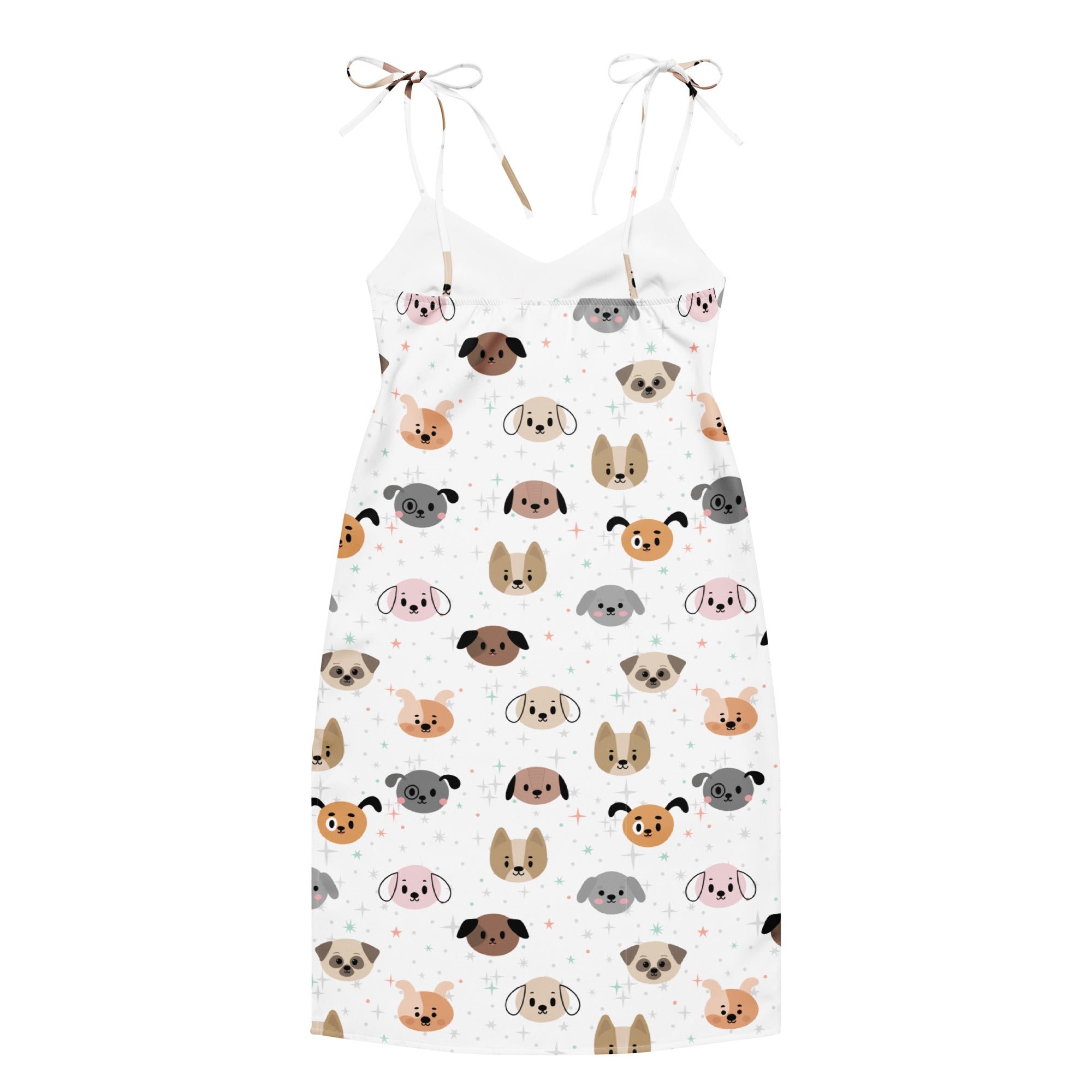 White spaghetti strap midi slip dress with adjustable tie straps and built in bra featuring colorful cartoon dog faces pattern