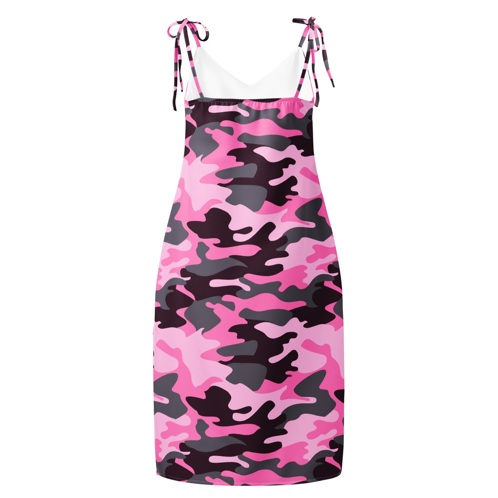Women’s pink and black camouflage slip dress midi dress with adjustable tie shoulder straps and built in bra