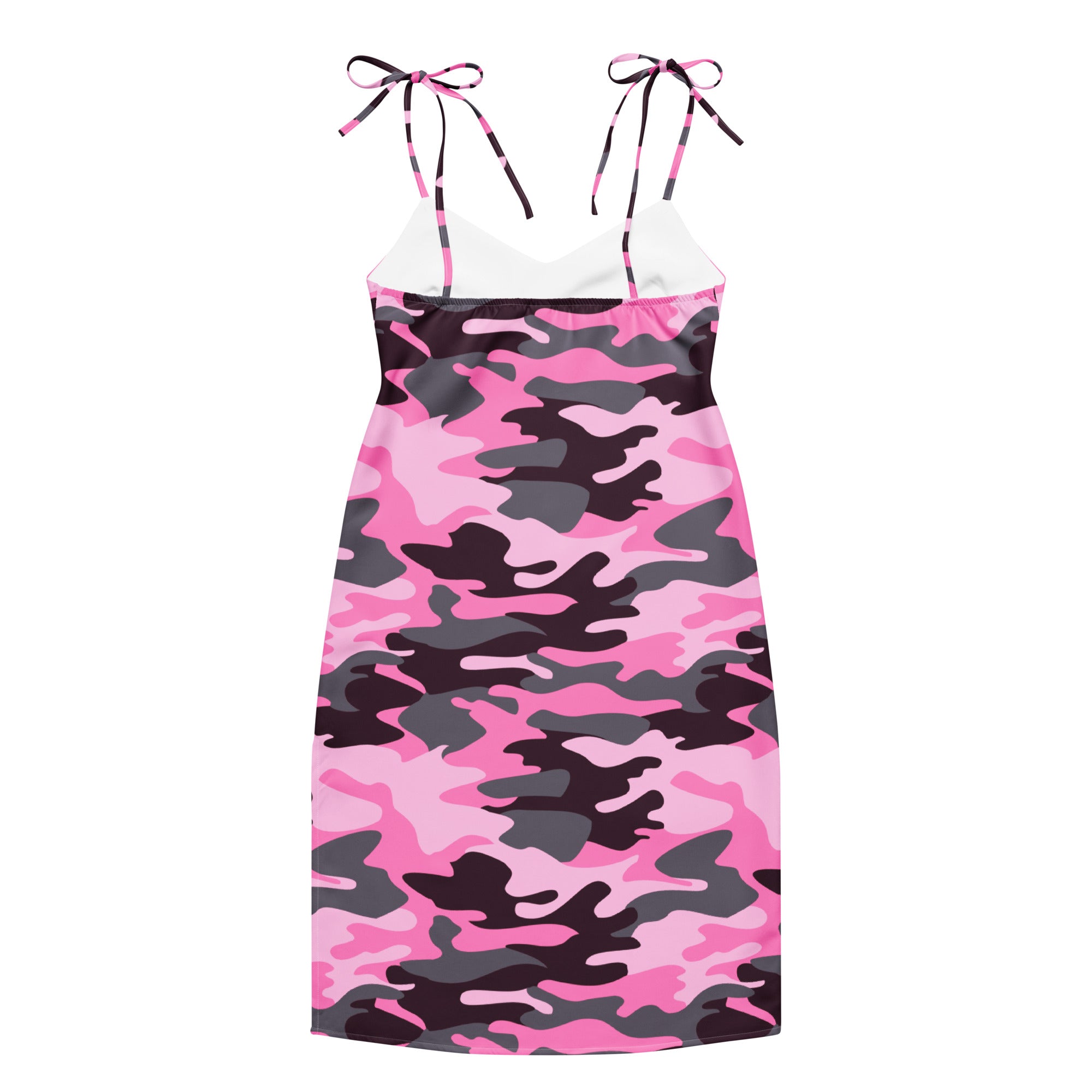 Women’s pink and black camouflage slip midi dress with adjustable tie-back spaghetti straps and built-in bra back view