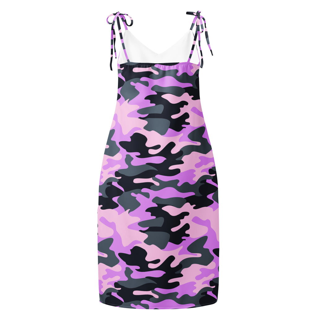 Women’s purple and black camouflage slip midi dress with adjustable tie-back spaghetti straps and built-in bra back view