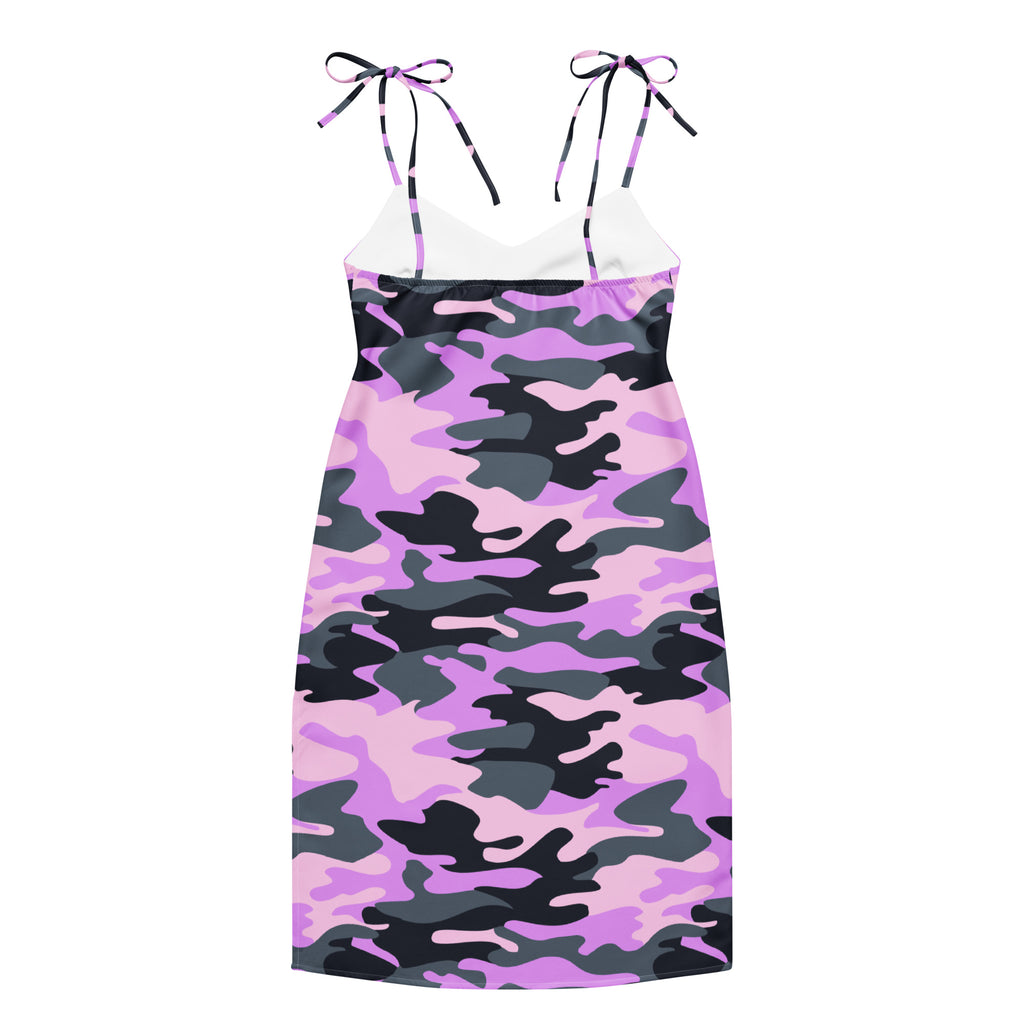 Women’s purple and black camouflage slip dress with adjustable tie straps and built in bra shown from the back