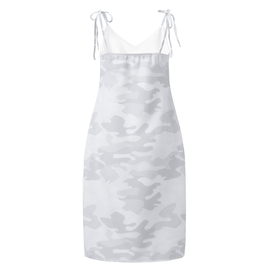 White and gray camouflage midi slip dress with adjustable tie spaghetti straps and built in bra for women