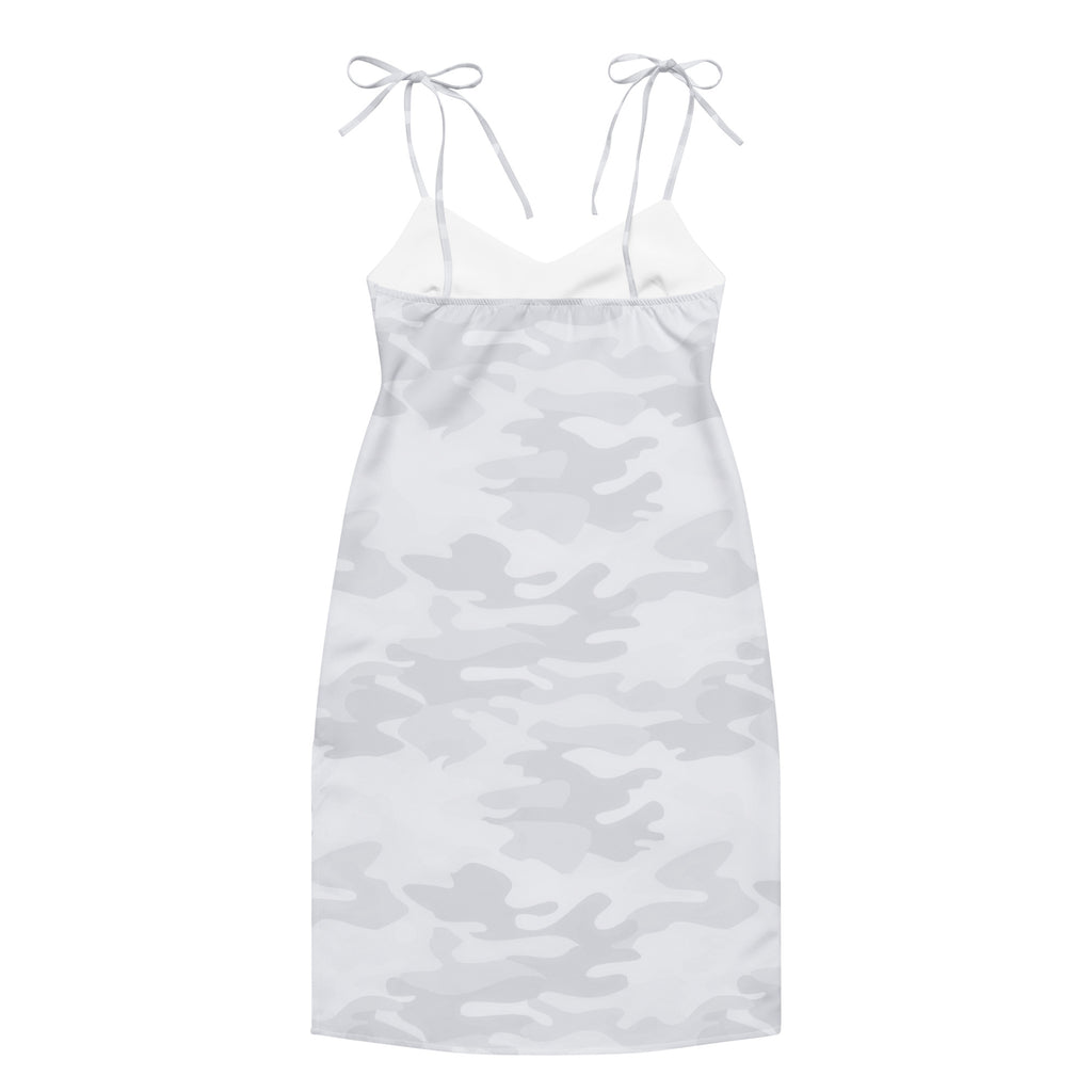 Women’s white camouflage slip dress midi with adjustable thin tie straps and built in bra in camo pattern