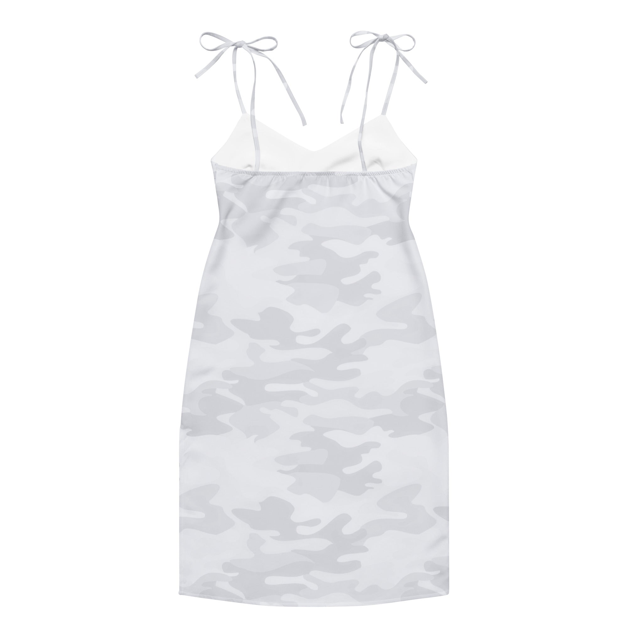 Women’s white camouflage slip dress midi with adjustable thin tie straps and built in bra in camo pattern