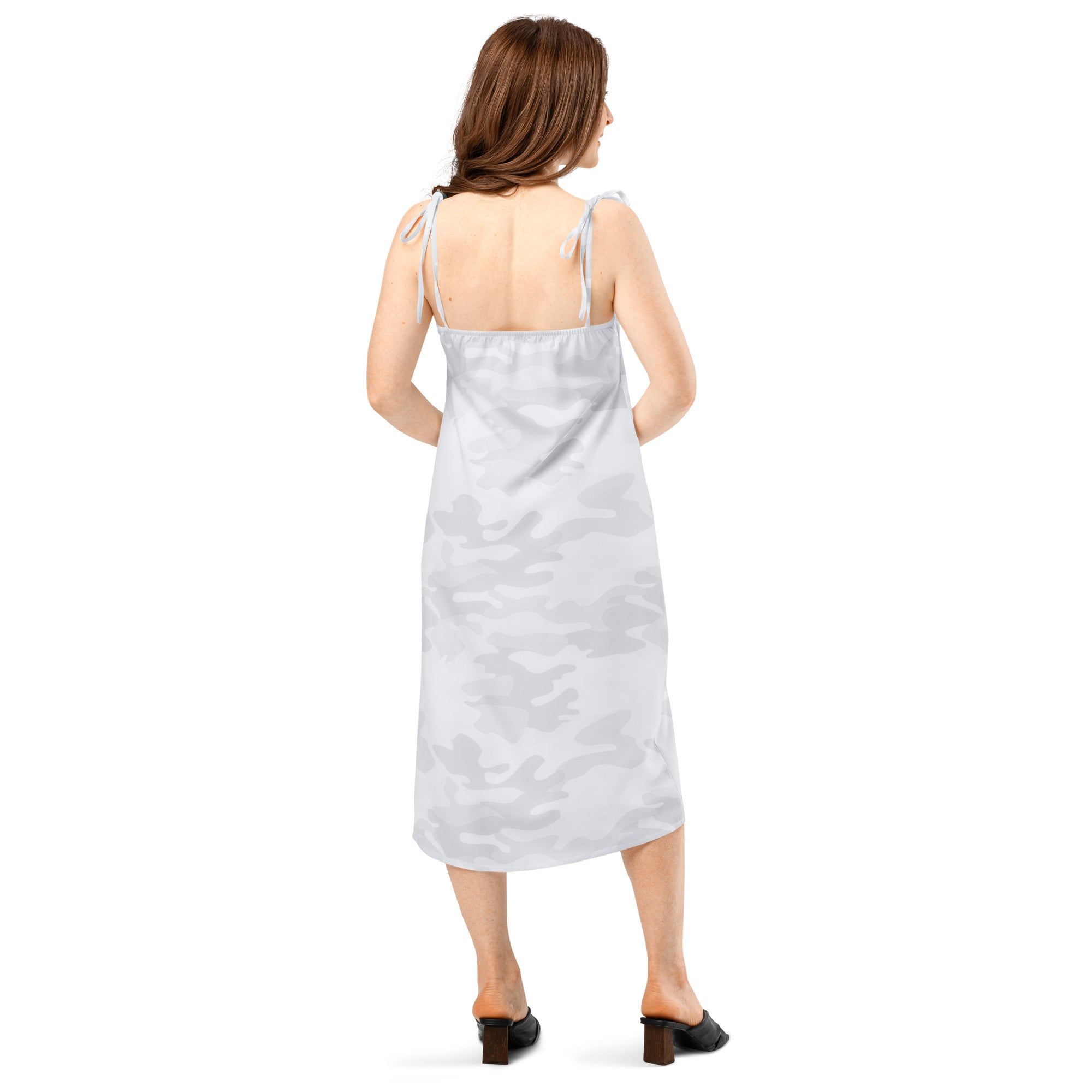 A sleek silver-gray satin women’s white camouflage slip dress with adjustable tie-back straps and built in bra