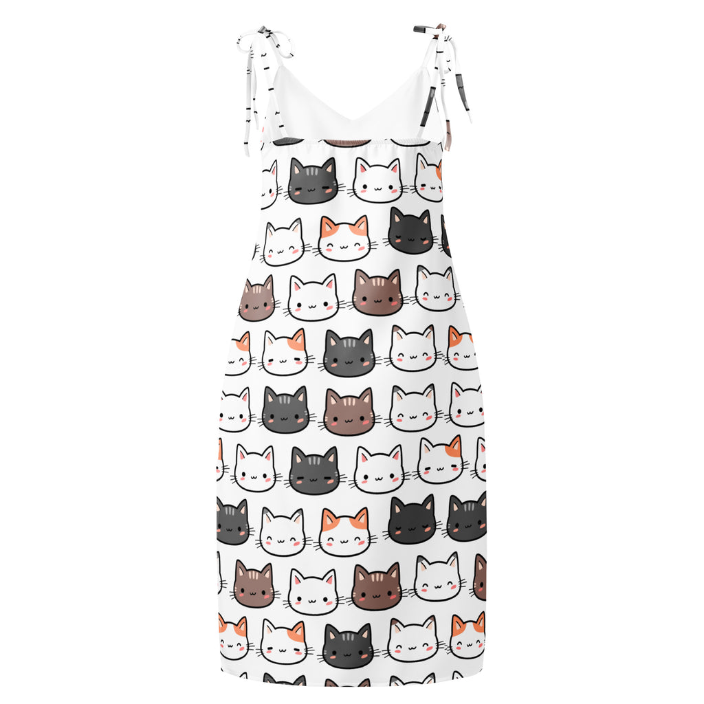 Women’s white sleeveless midi slip dress with colorful cartoon cat faces adjustable tie straps built in bra