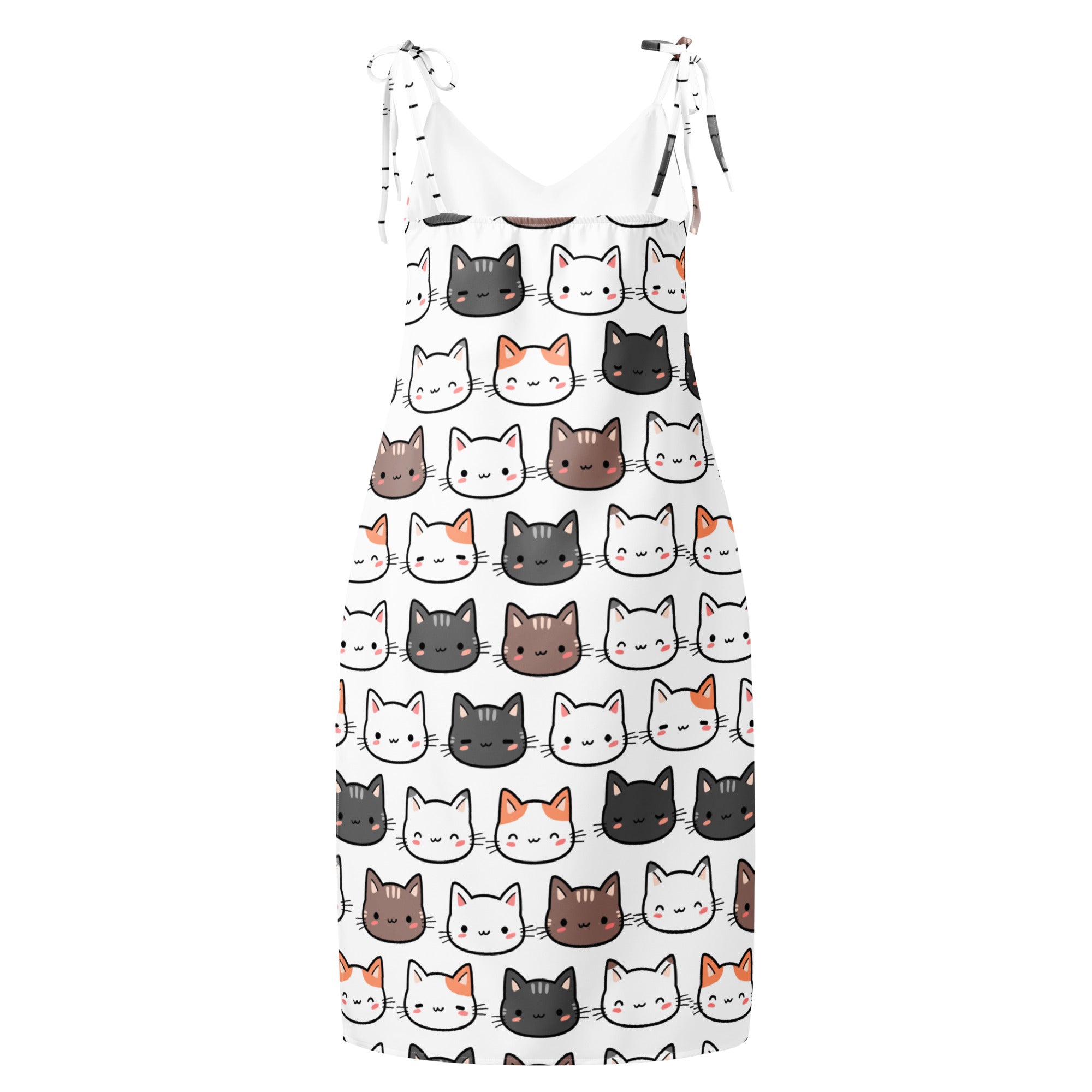 Women’s white sleeveless midi slip dress with colorful cartoon cat faces adjustable tie straps built in bra