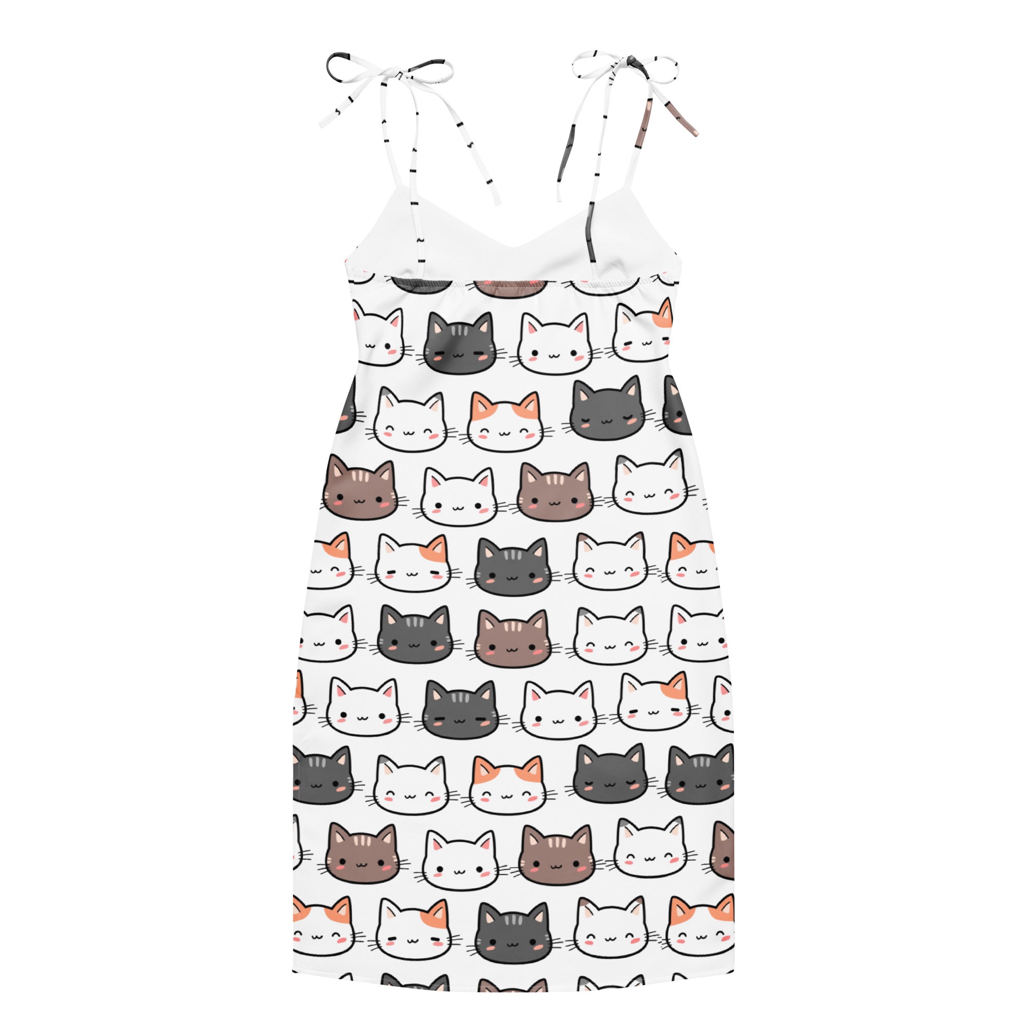 White spaghetti strap midi slip dress with adjustable tie straps and playful multicolor cartoon cat pattern