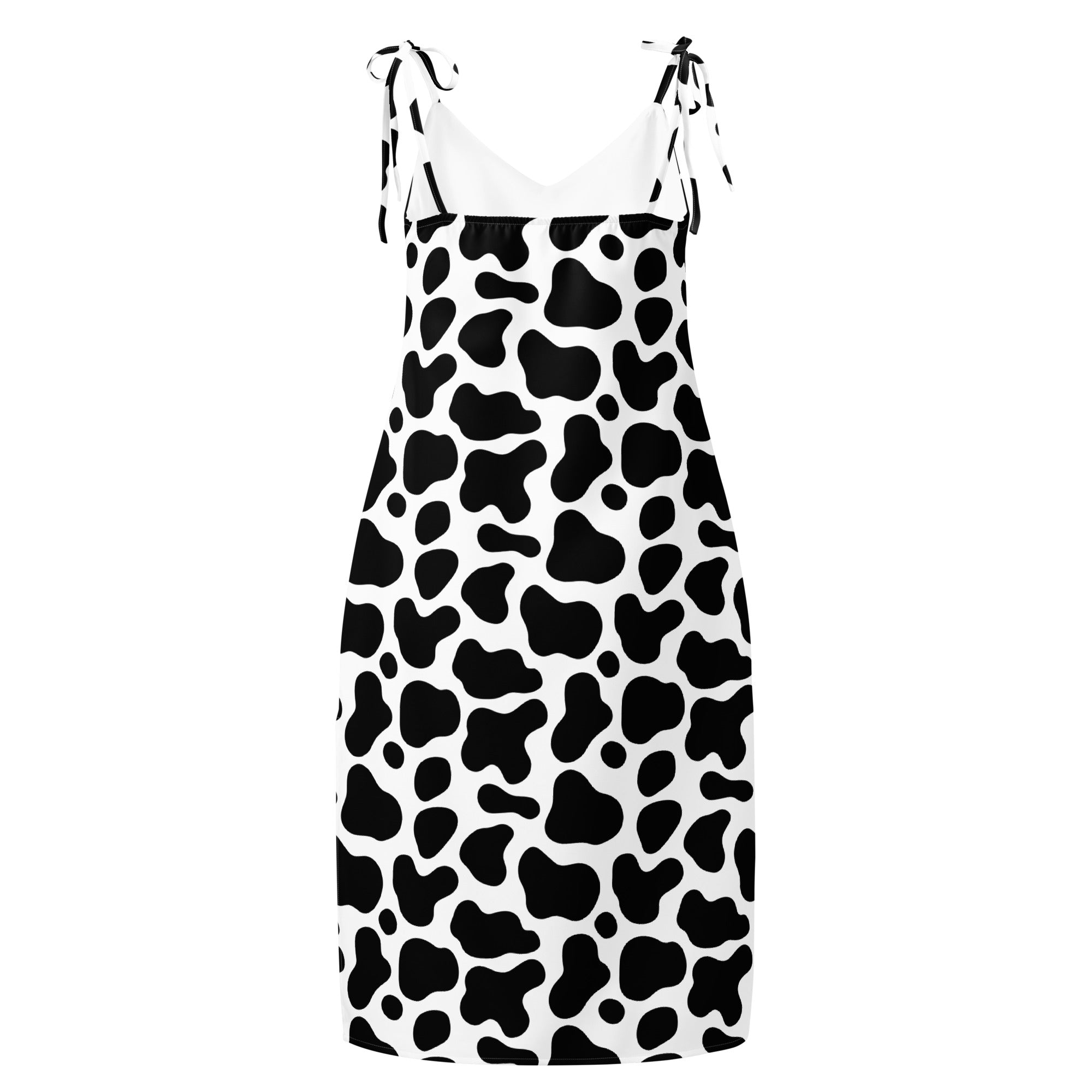 Women’s midi cow print slip dress in black and white with adjustable spaghetti shoulder tie straps and built in bra