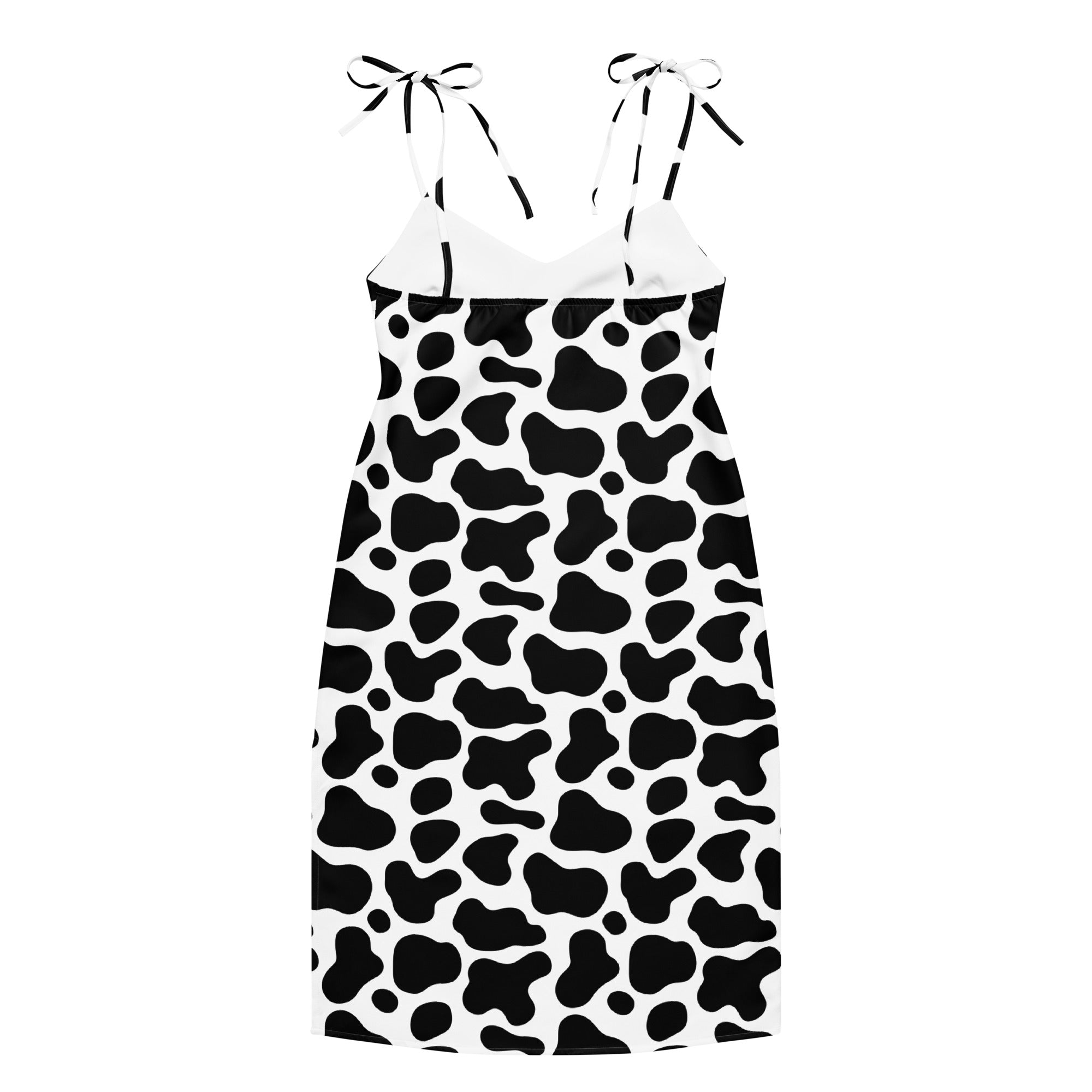 Women’s black and white cow print slip midi dress with adjustable spaghetti tie straps and built in bra