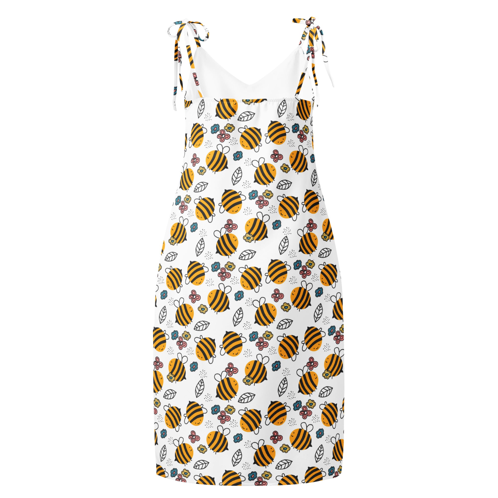 White sleeveless midi slip dress with adjustable tie straps and yellow bumblebee floral pattern for women