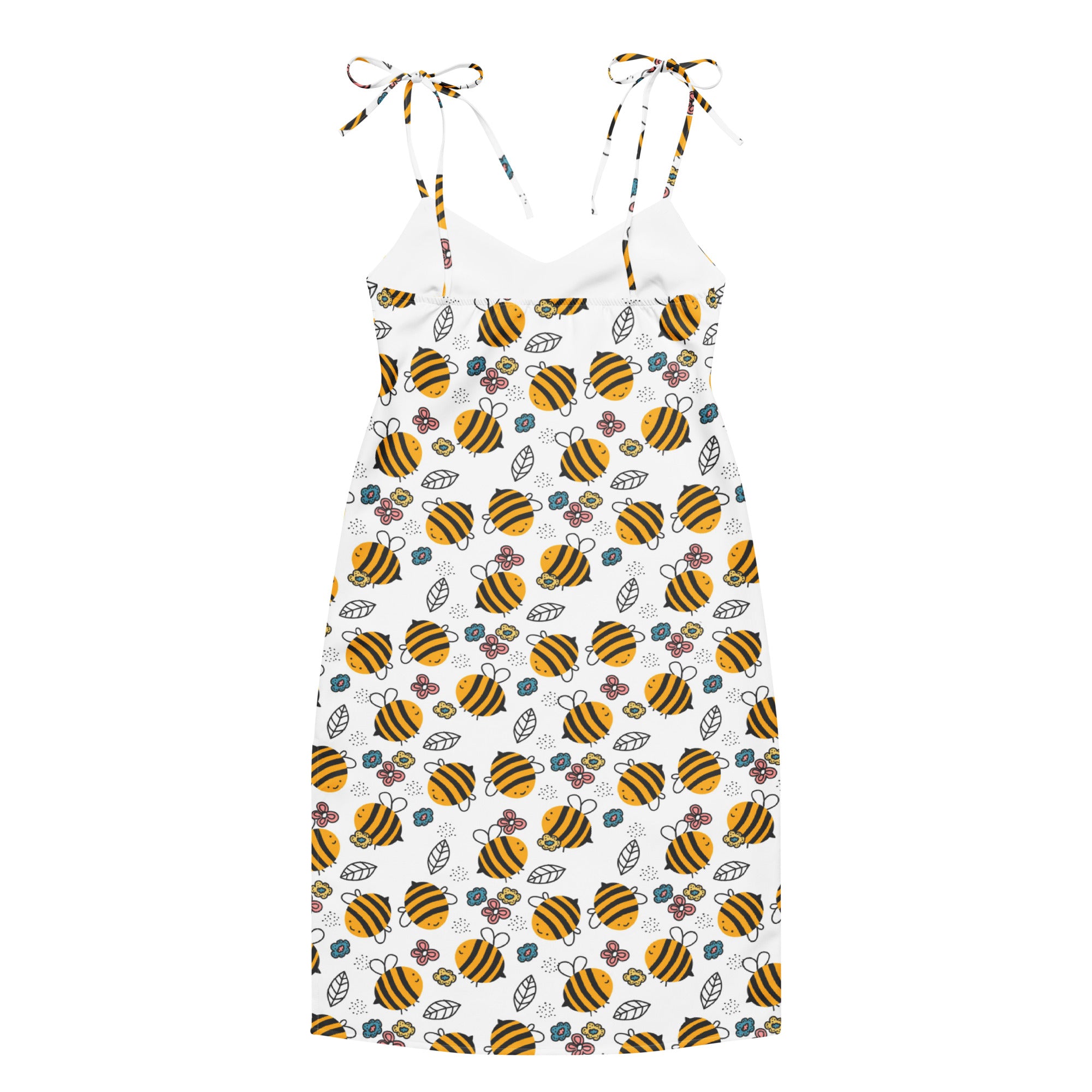 A white sleeveless women’s midi slip dress with adjustable tie straps featuring yellow and black bumblebee and floral patterns
