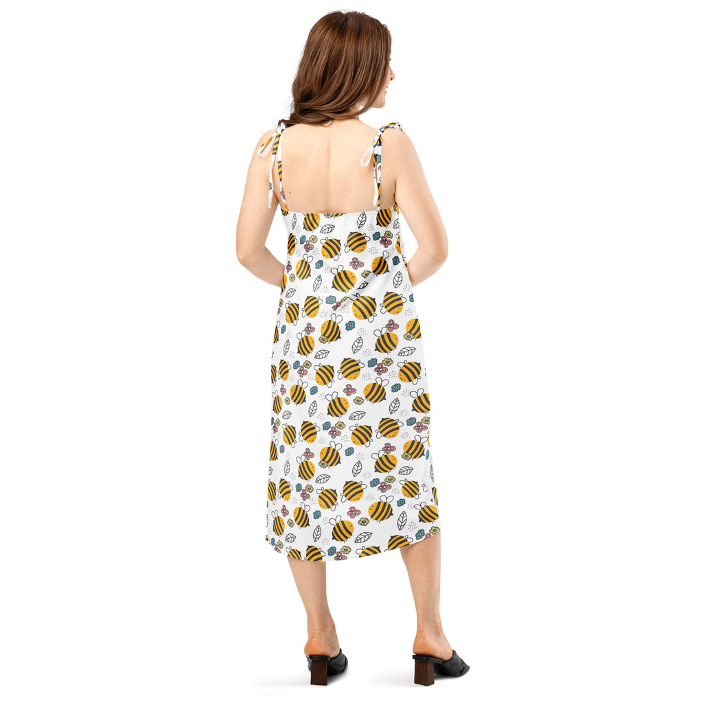 White floral yellow bumblebee slip midi dress with adjustable tie straps and built in bra featuring bee and flower pattern