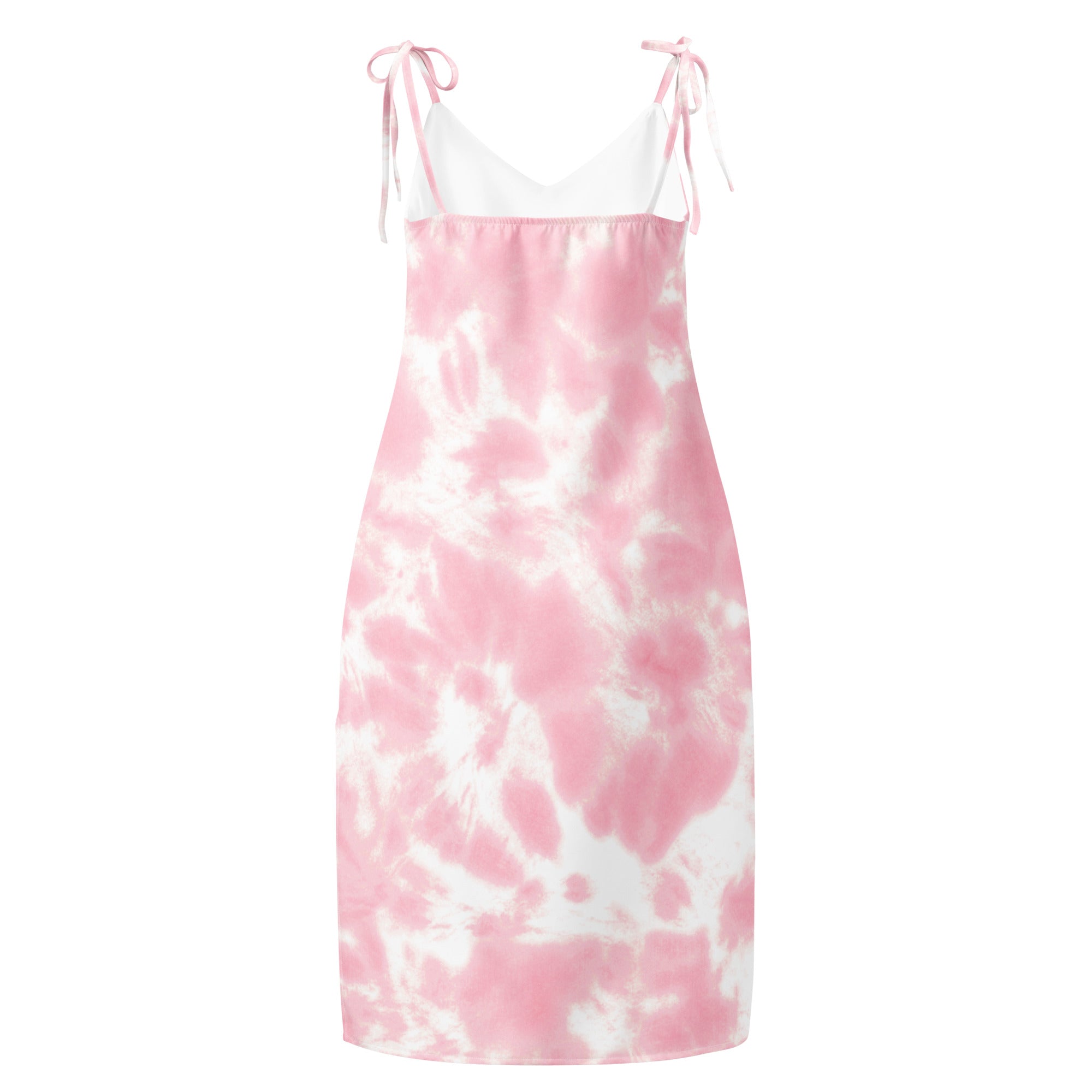 Women’s pink and white tie dye midi slip dress with adjustable spaghetti tie straps and built in bra
