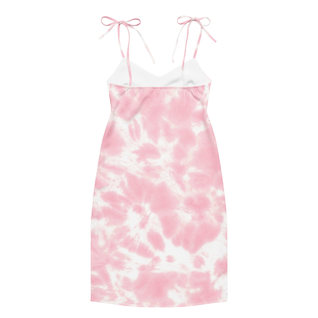 Women’s pink and white tie dye strap midi dress with delicate bow ties at adjustable shoulder straps and built in bra