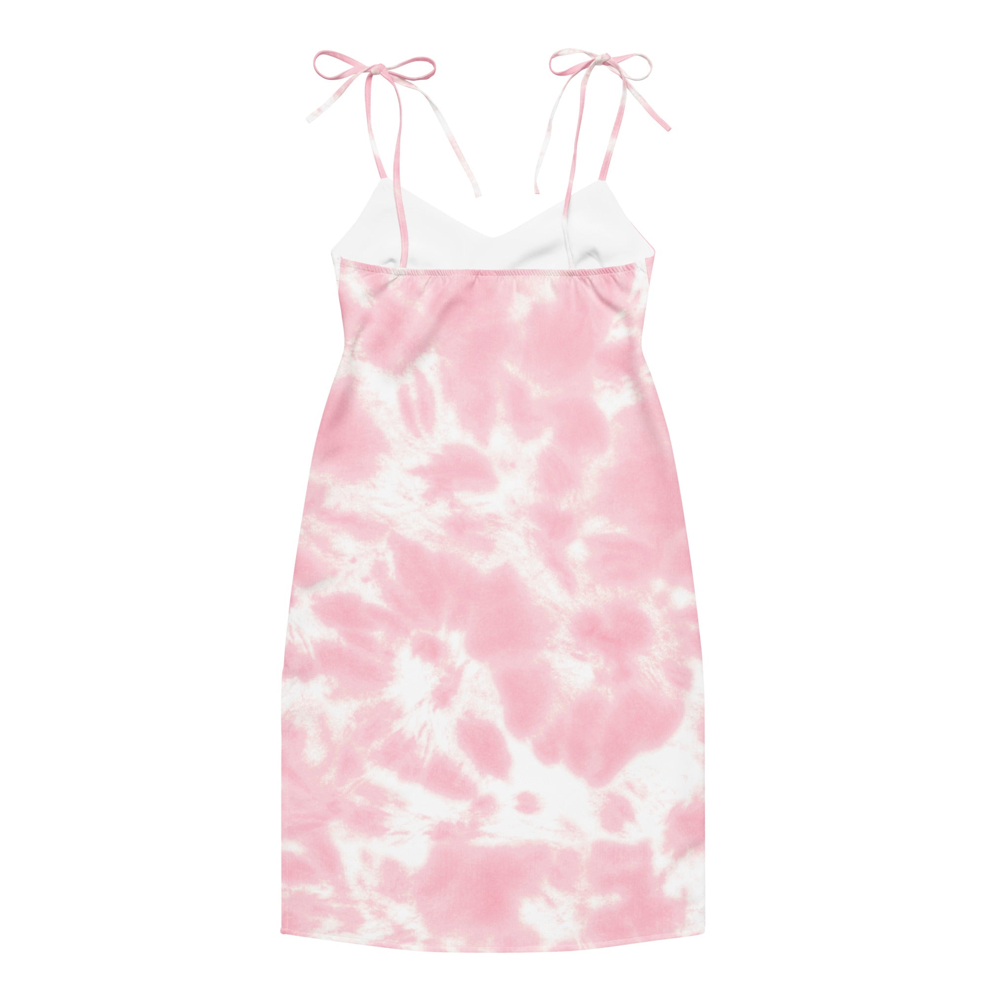 Women’s pink and white tie dye strap midi dress with delicate bow ties at adjustable shoulder straps and built in bra
