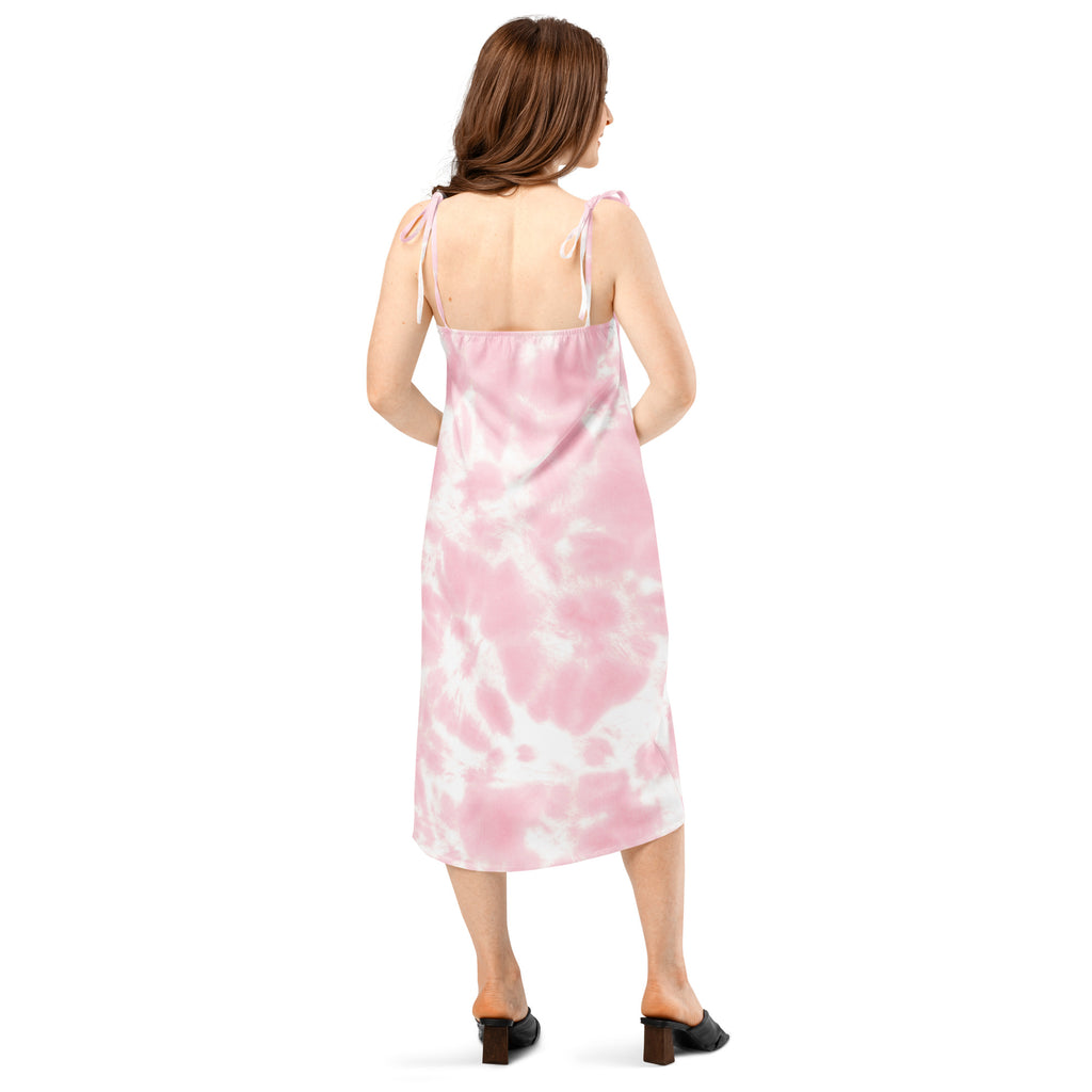 Women’s pink and white tie dye midi slip dress with thin adjustable straps and built in bra