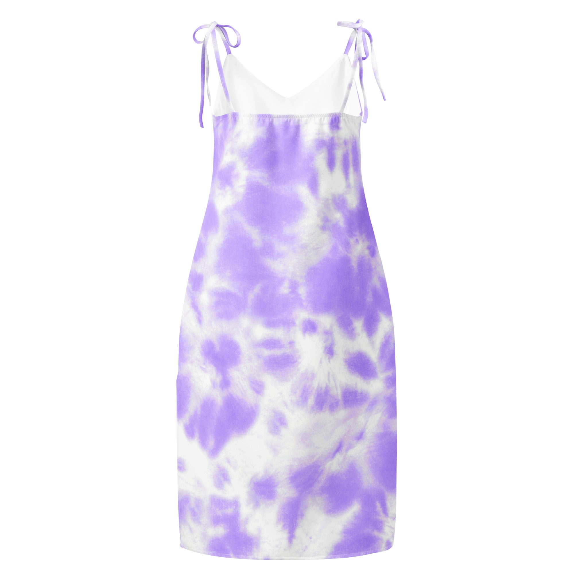 Women’s purple and white tie dye midi slip dress with adjustable shoulder ties and built in bra