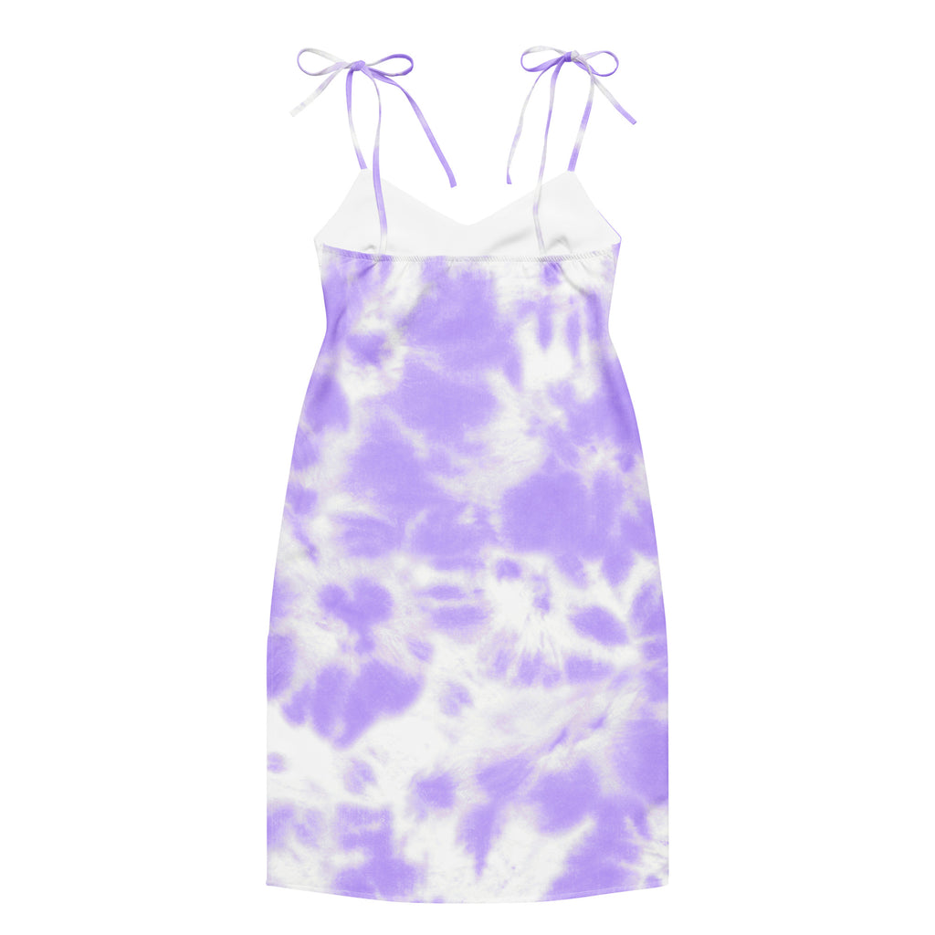 Women’s purple tie dye slip midi dress with adjustable tie straps and built in bra in lavender and white colors