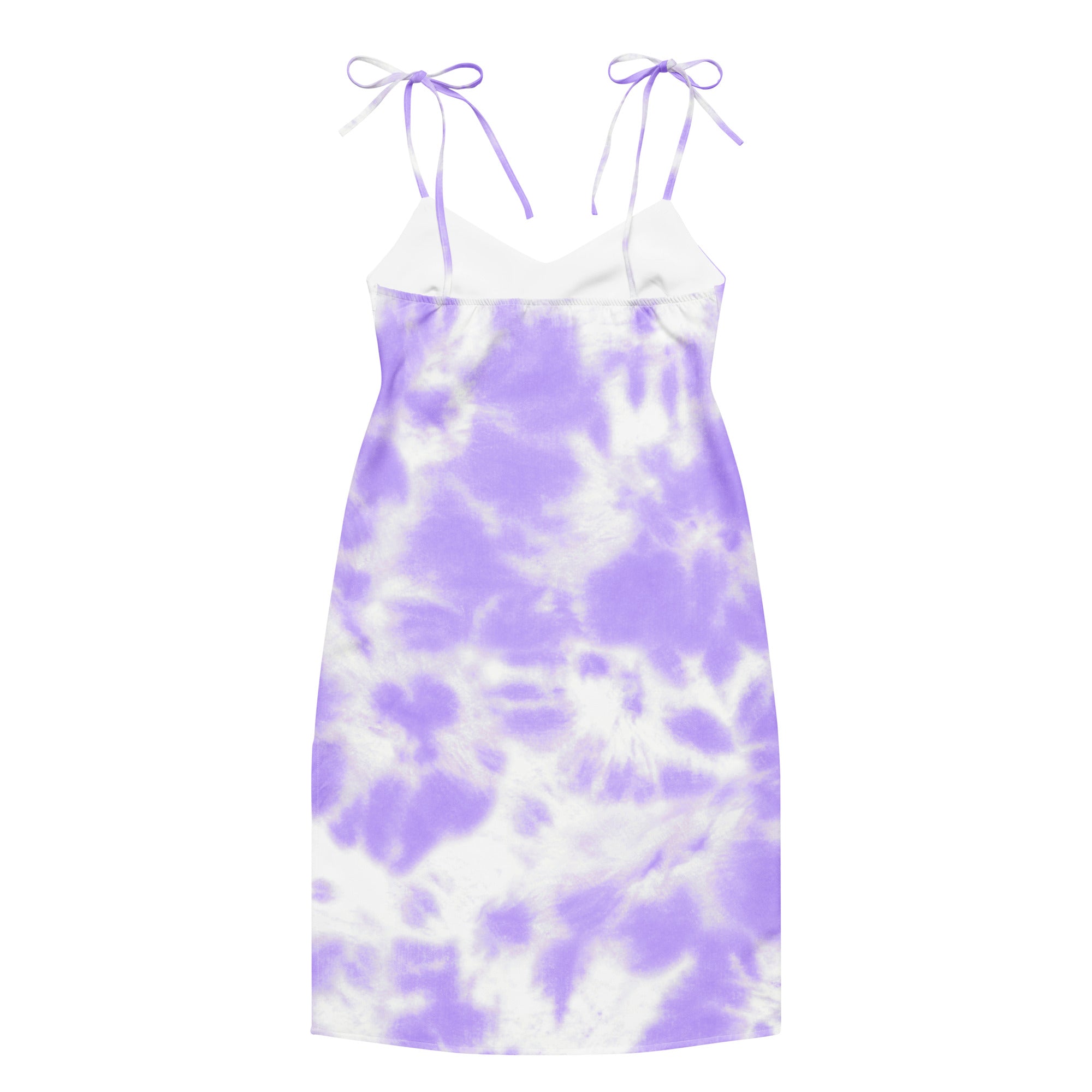 Women’s purple tie dye slip midi dress with adjustable tie straps and built in bra in lavender and white colors