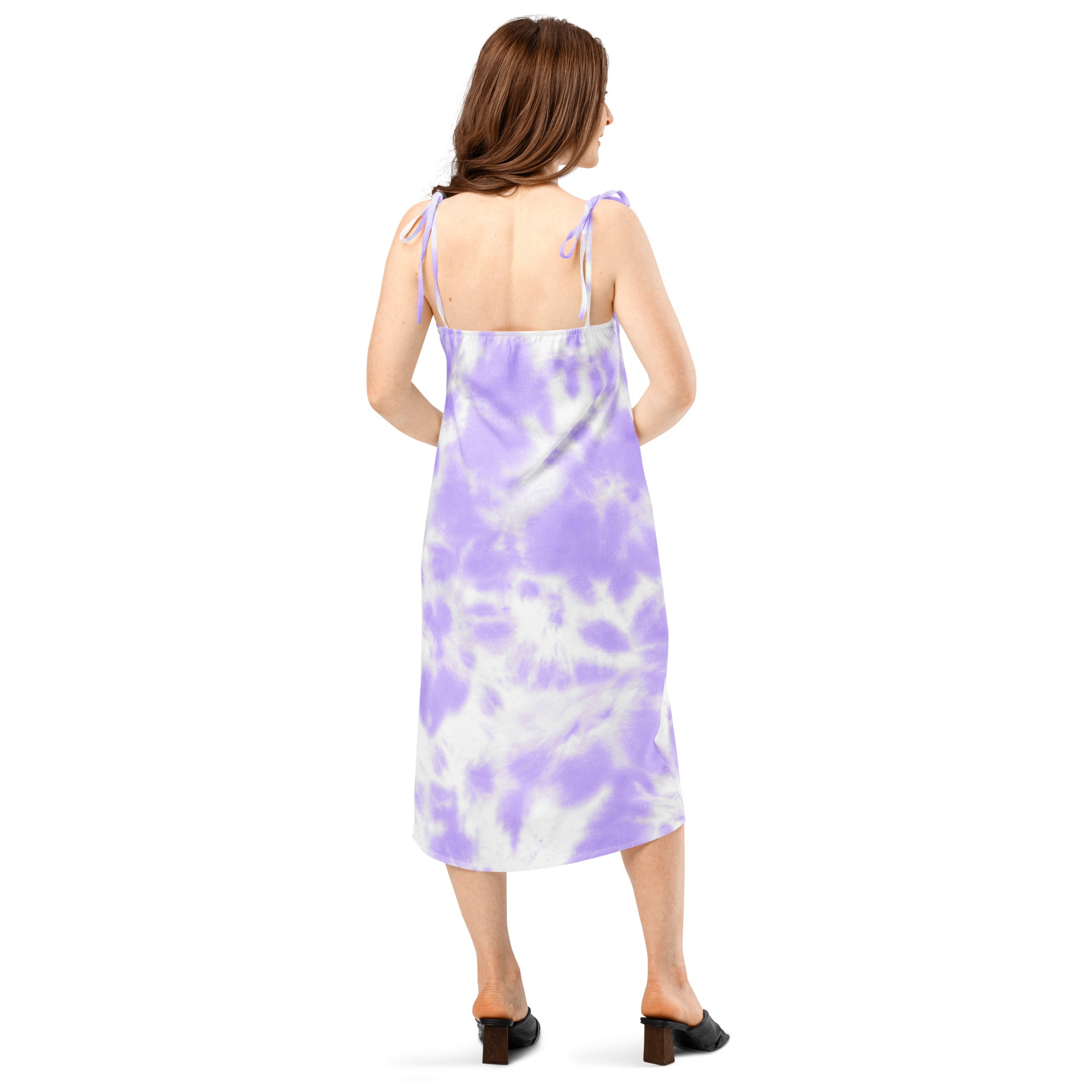 A flowing lavender and white tie dye midi slip dress with thin adjustable straps and built in bra for women