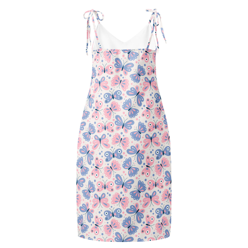 Women’s white butterfly print slip dress with pink and blue butterflies midi dress with adjustable tie straps and built in bra