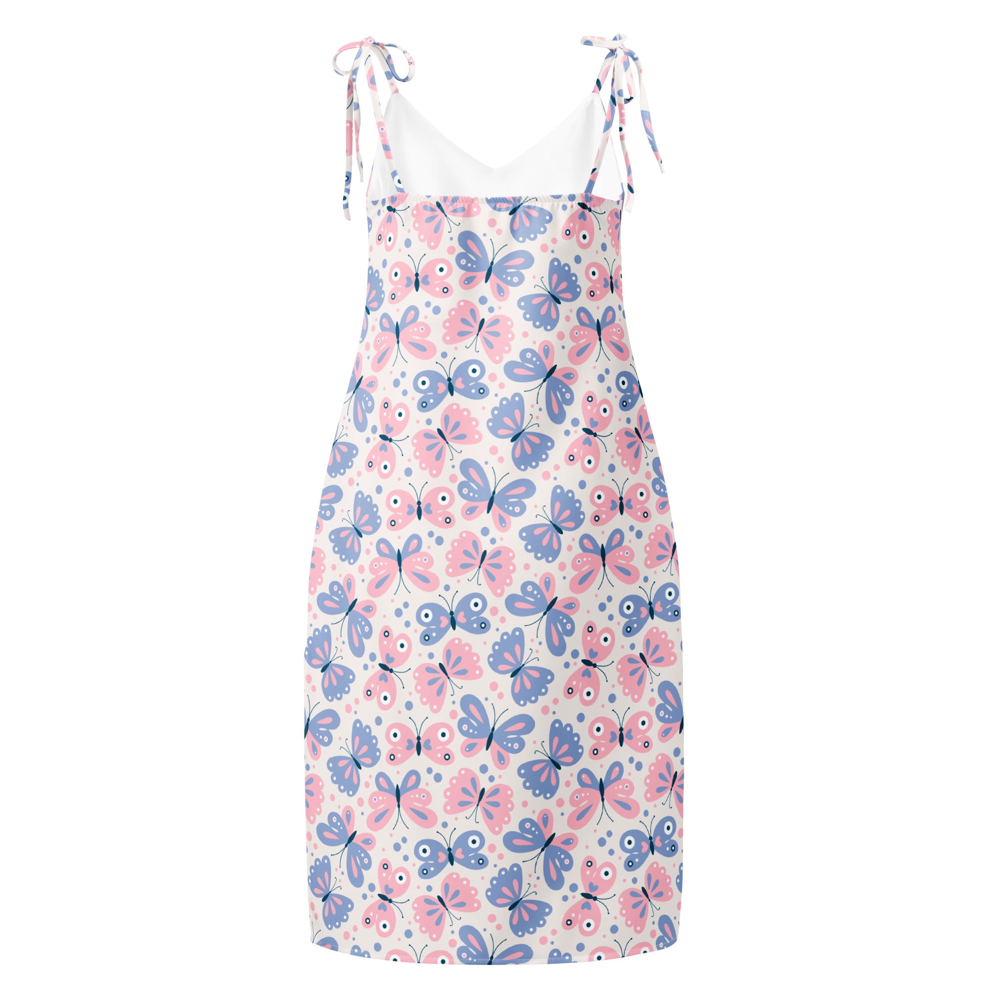 Women’s white butterfly print slip dress with pink and blue butterflies midi dress with adjustable tie straps and built in bra