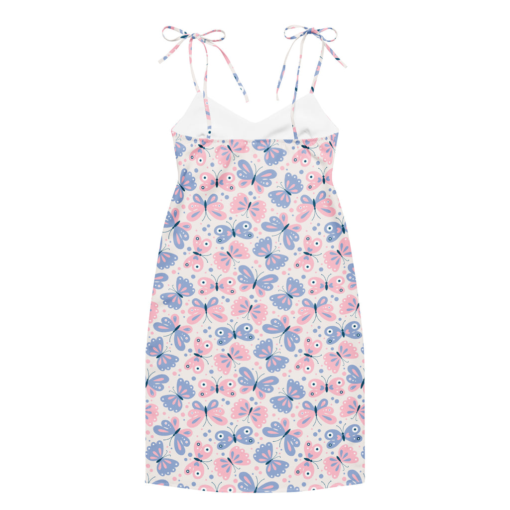 Women’s butterfly print slip dress in pink and blue with adjustable tie shoulder straps and built in bra