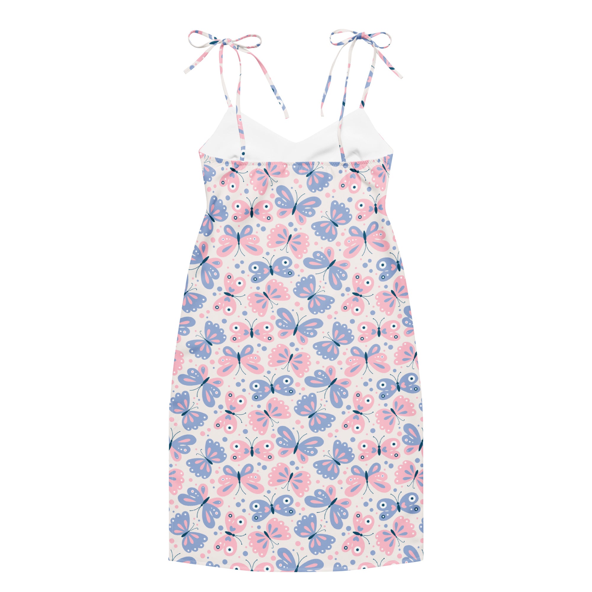 Women’s butterfly print slip dress in pink and blue with adjustable tie shoulder straps and built in bra