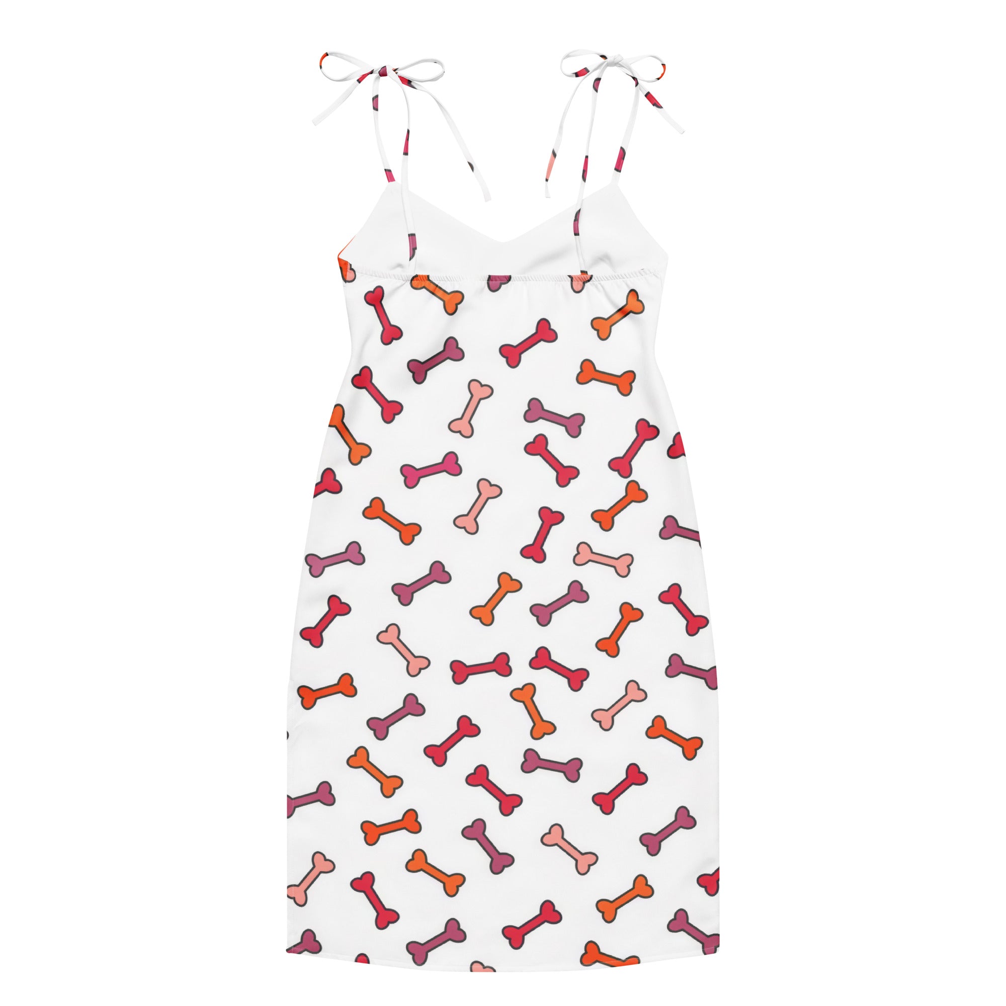 Women’s white spaghetti strap midi slip dress with colorful orange red pink dog bone pattern and adjustable tie straps