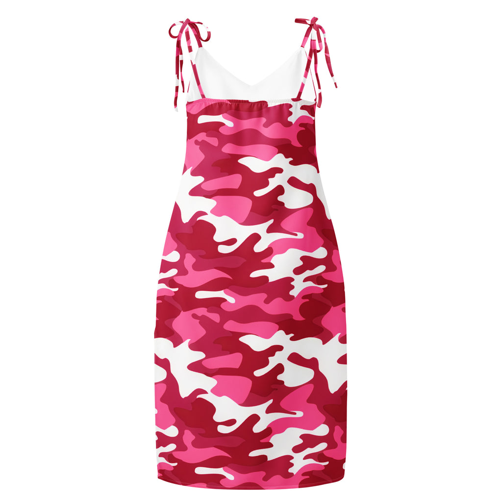 Women’s bright pink and white camouflage slip dress with adjustable tied shoulder straps and built-in bra midi dress