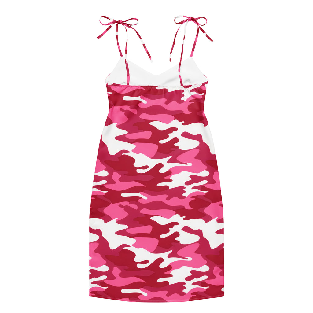 Women’s bright pink camouflage midi slip dress with adjustable pink and white tie shoulder straps and built in bra