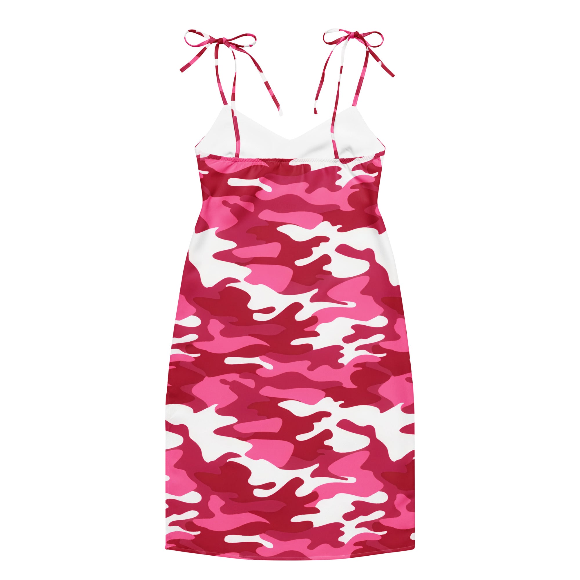 Women’s bright pink camouflage midi slip dress with adjustable pink and white tie shoulder straps and built in bra