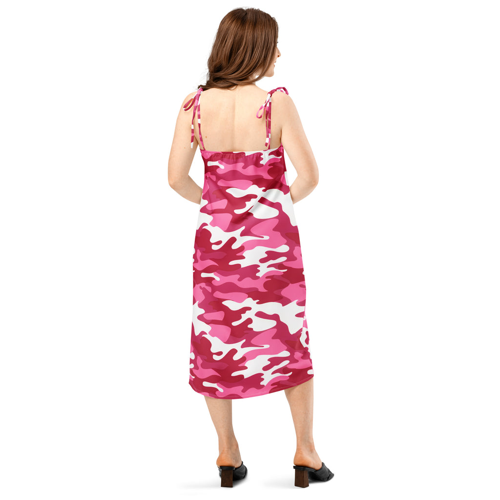 Women’s bright pink and white camouflage midi slip dress with adjustable tie-back straps and built-in bra front view