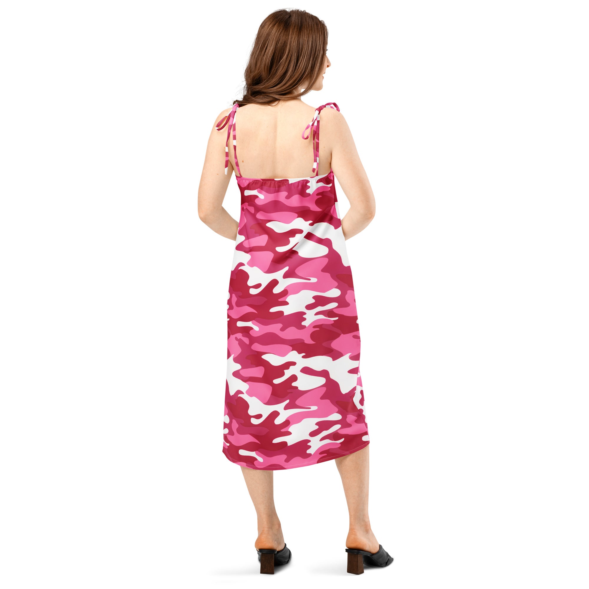 Women’s bright pink and white camouflage midi slip dress with adjustable tie-back straps and built-in bra front view