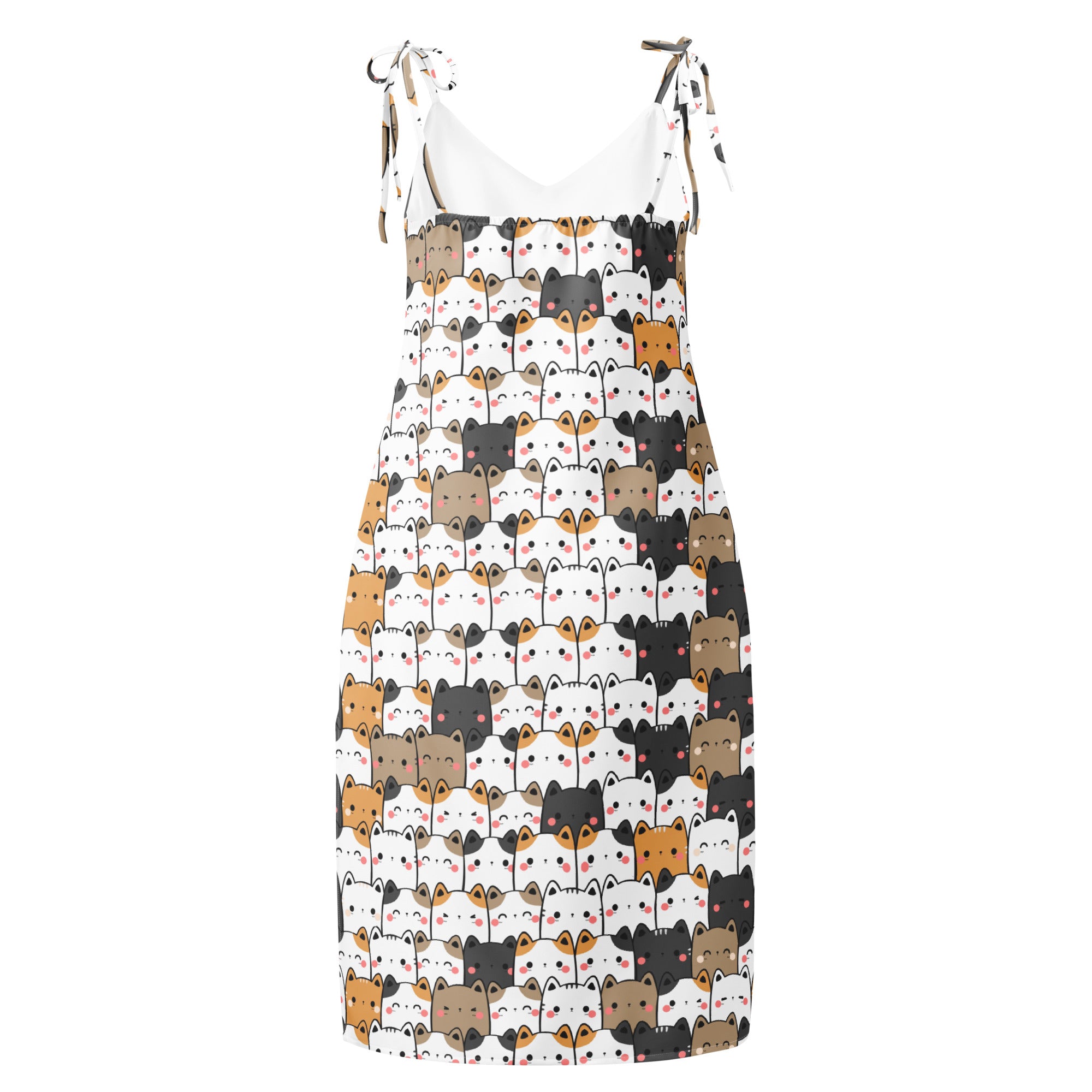Women’s kawaii cat midi slip dress in white with adjustable tie straps and playful black brown orange cat print