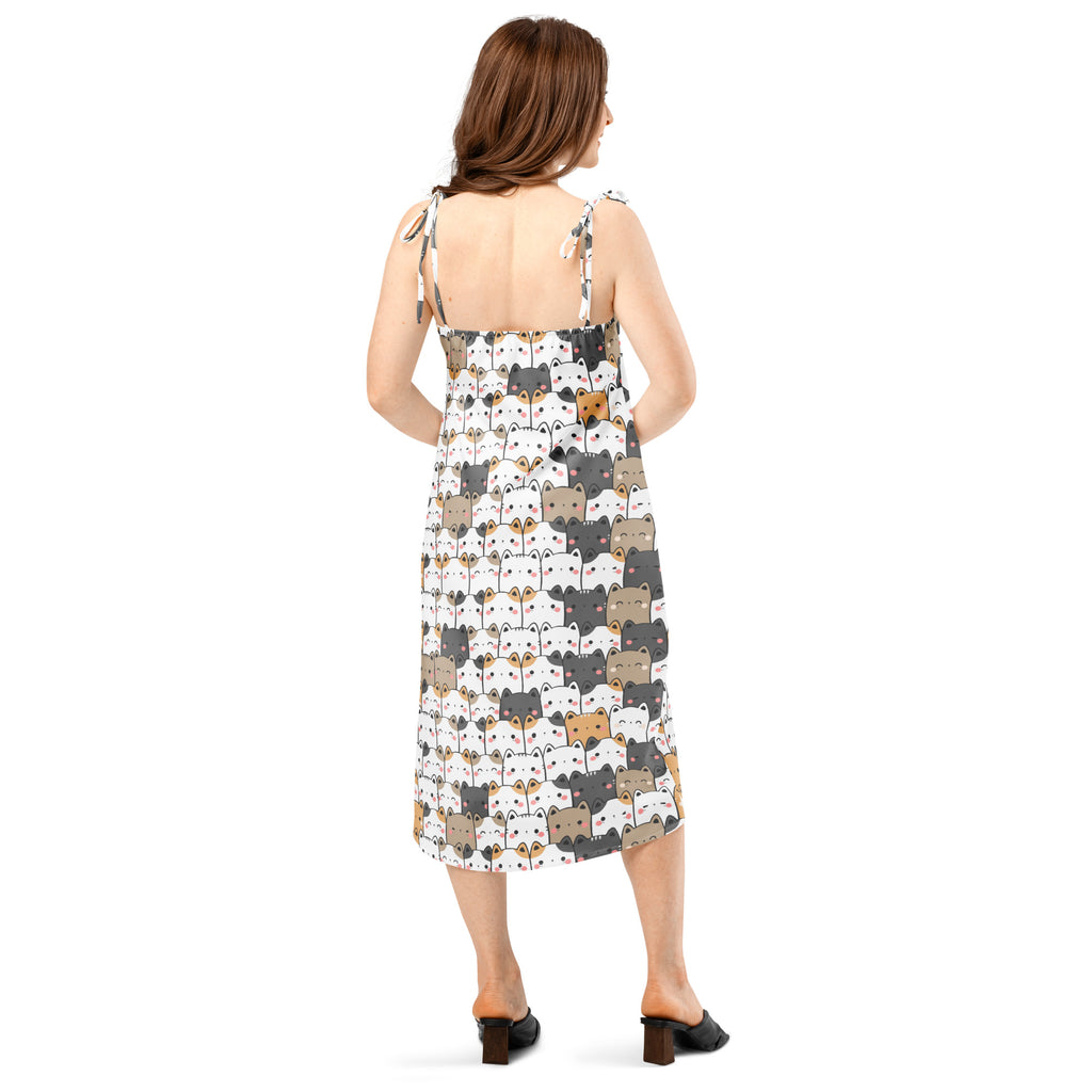 Women’s kawaii cat slip dress midi white with gray black beige cat faces and adjustable tie-back straps