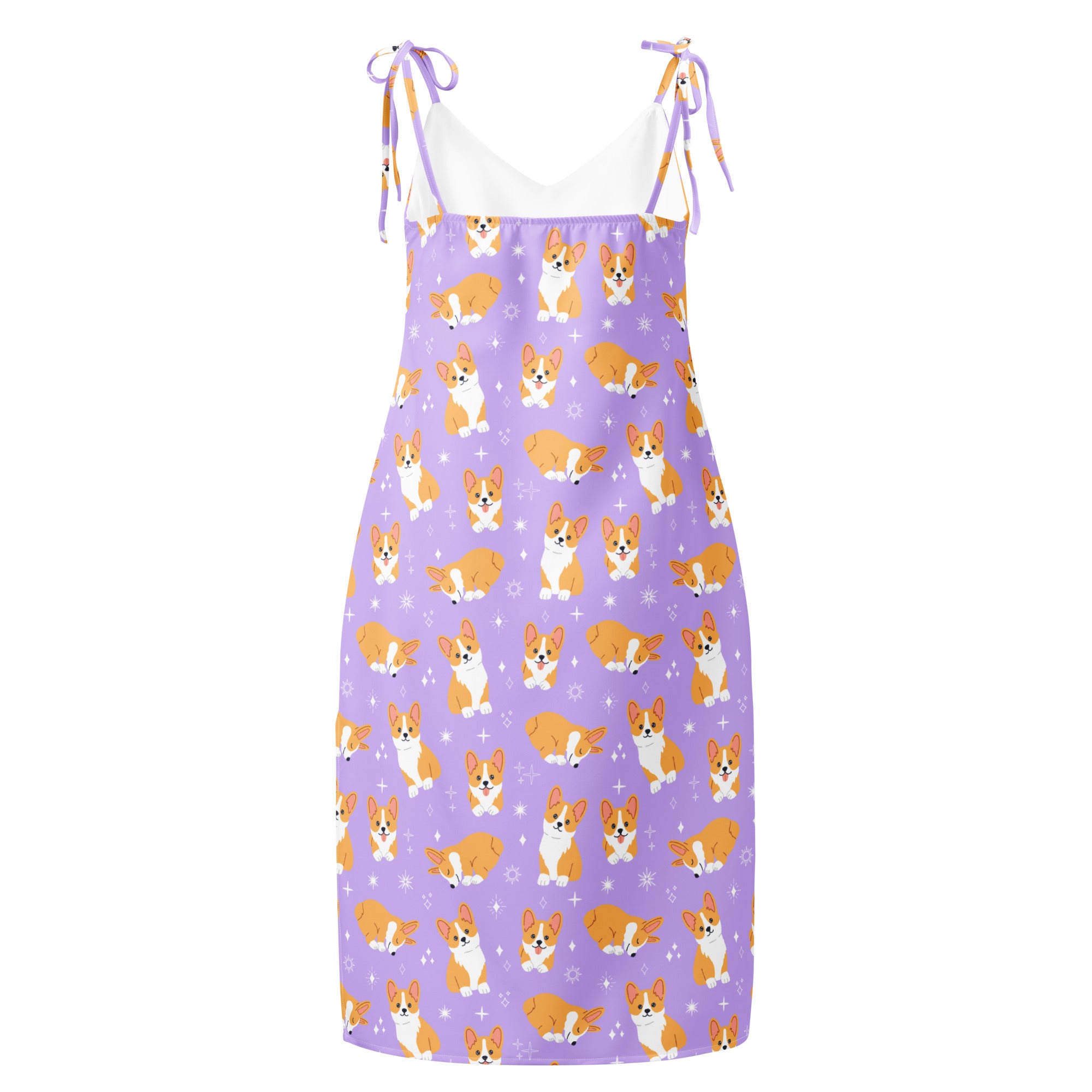 Purple dress with corgi pattern on a white background