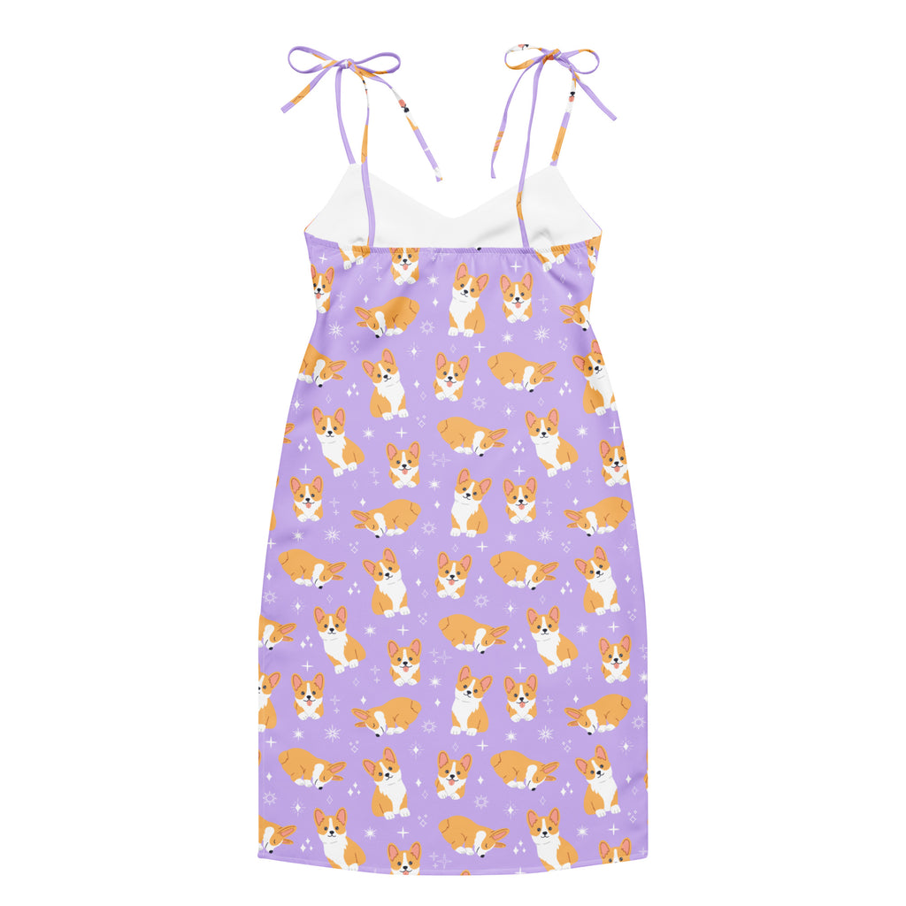 Purple dress with corgi pattern on a white background