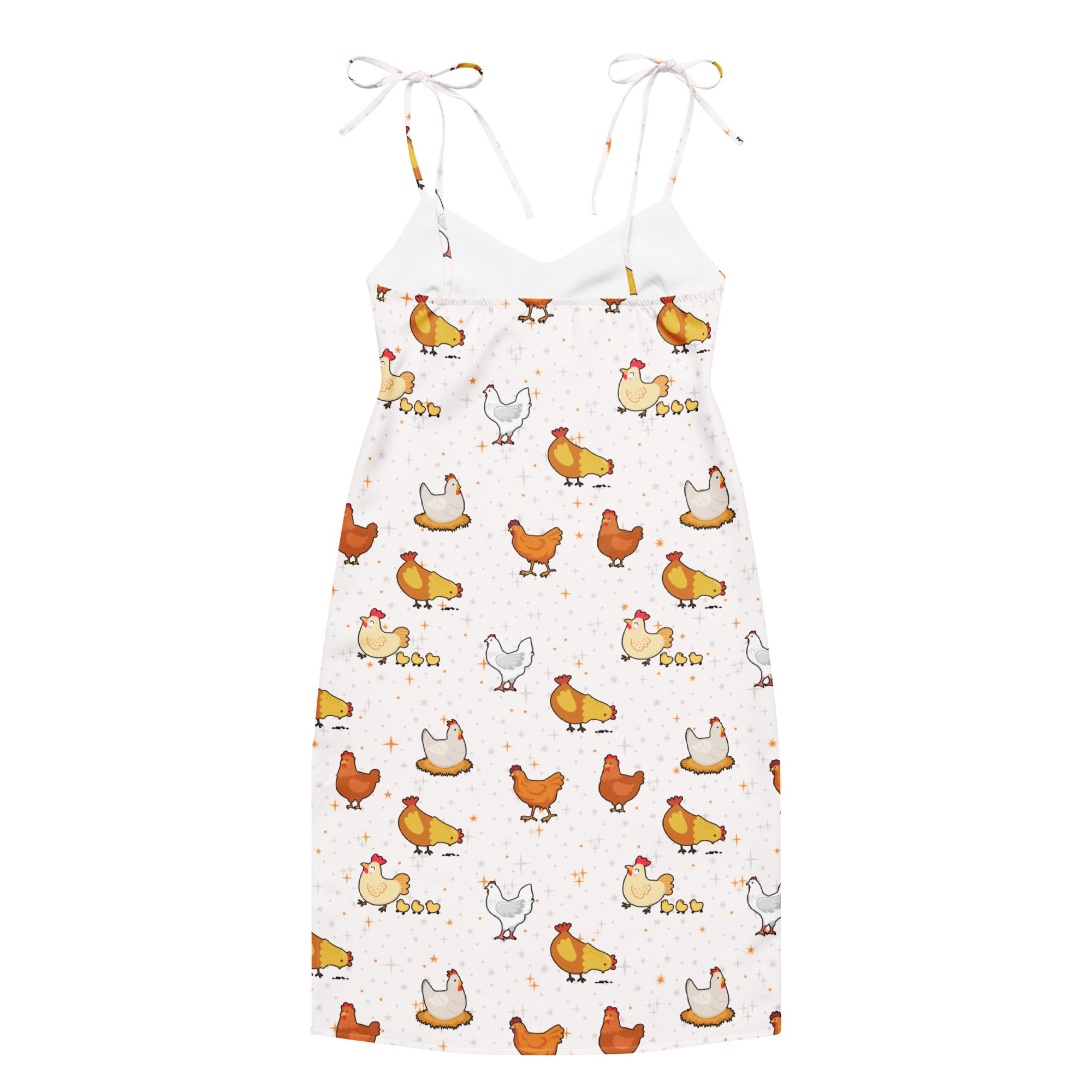 White dress with chicken pattern on a white background